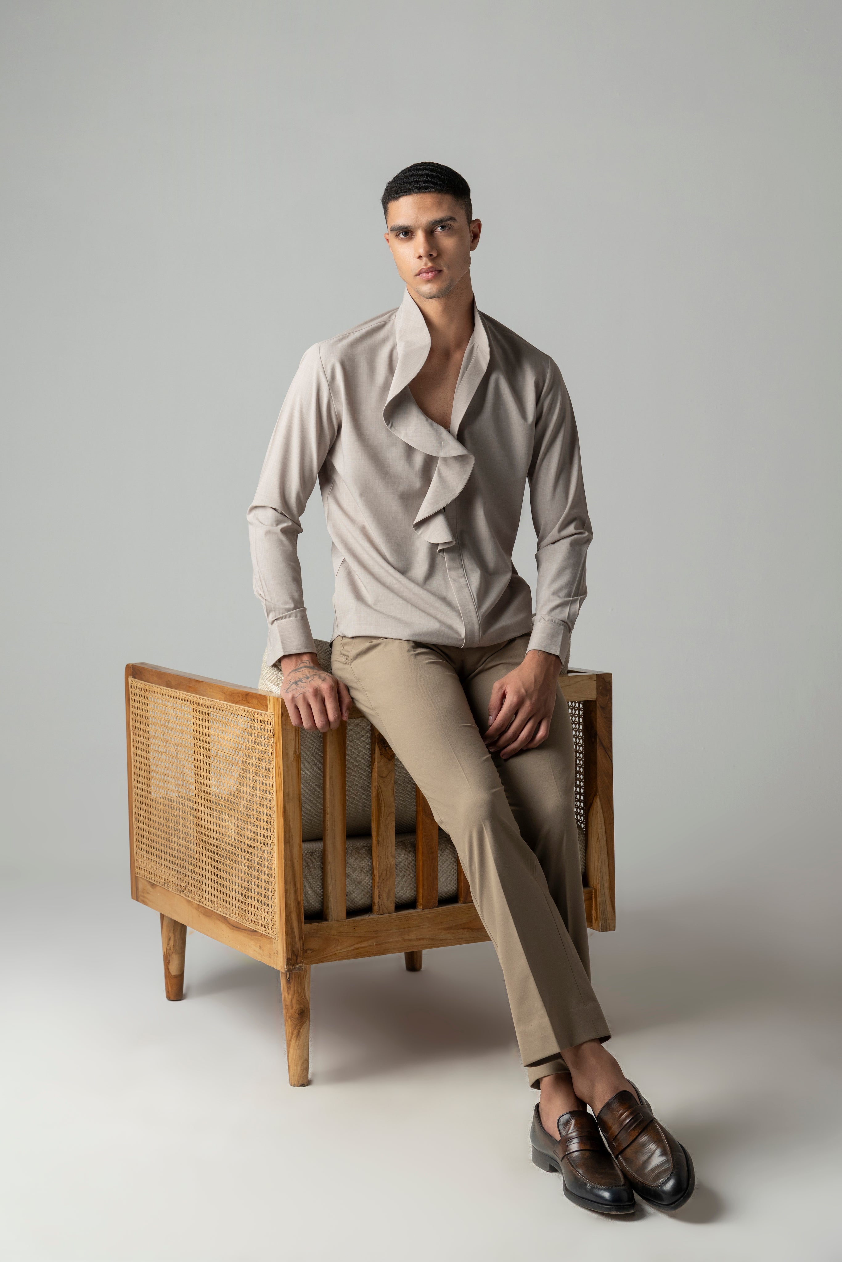 Khakhi shirt with statement front-frill detailing