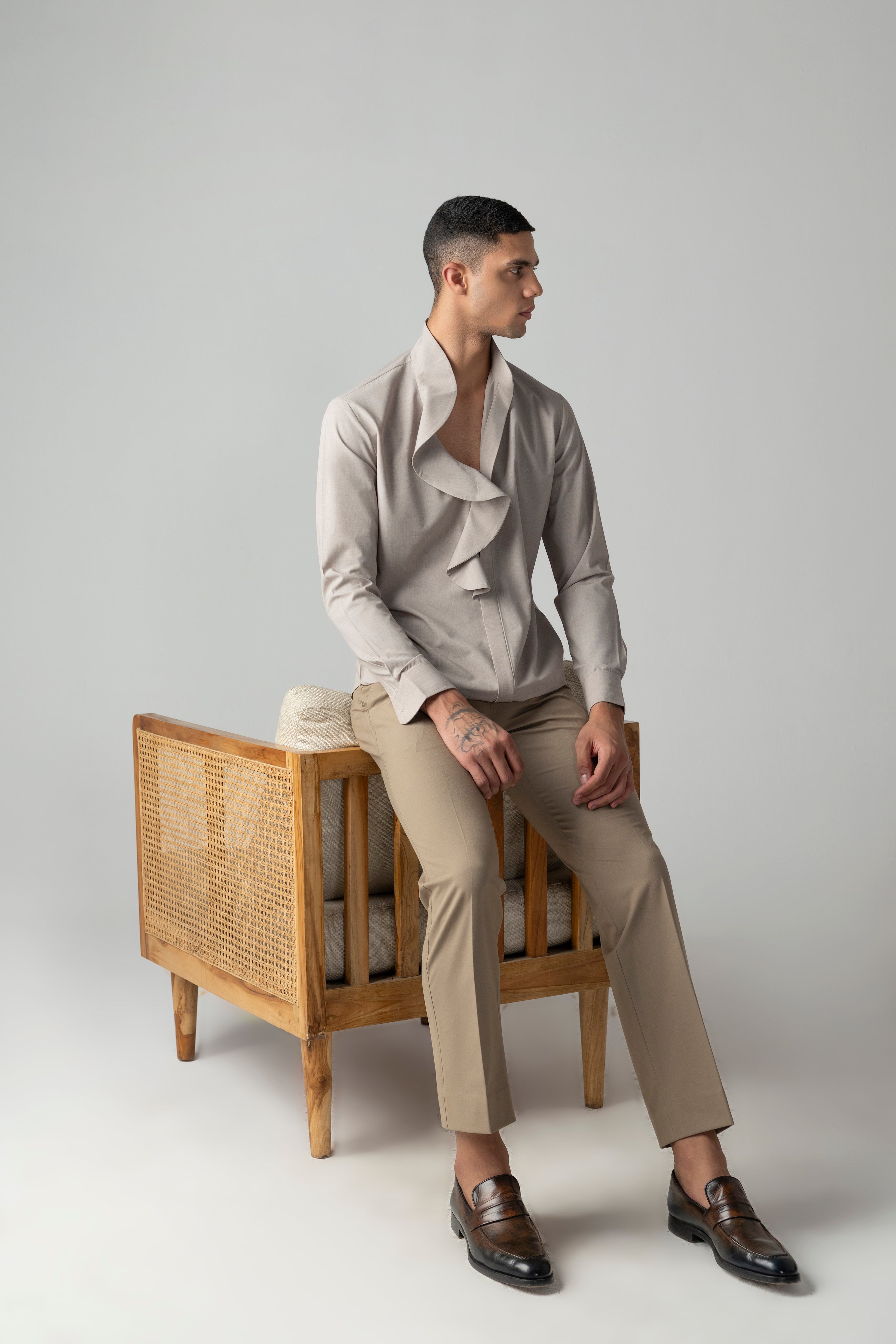 Khakhi shirt with statement front-frill detailing
