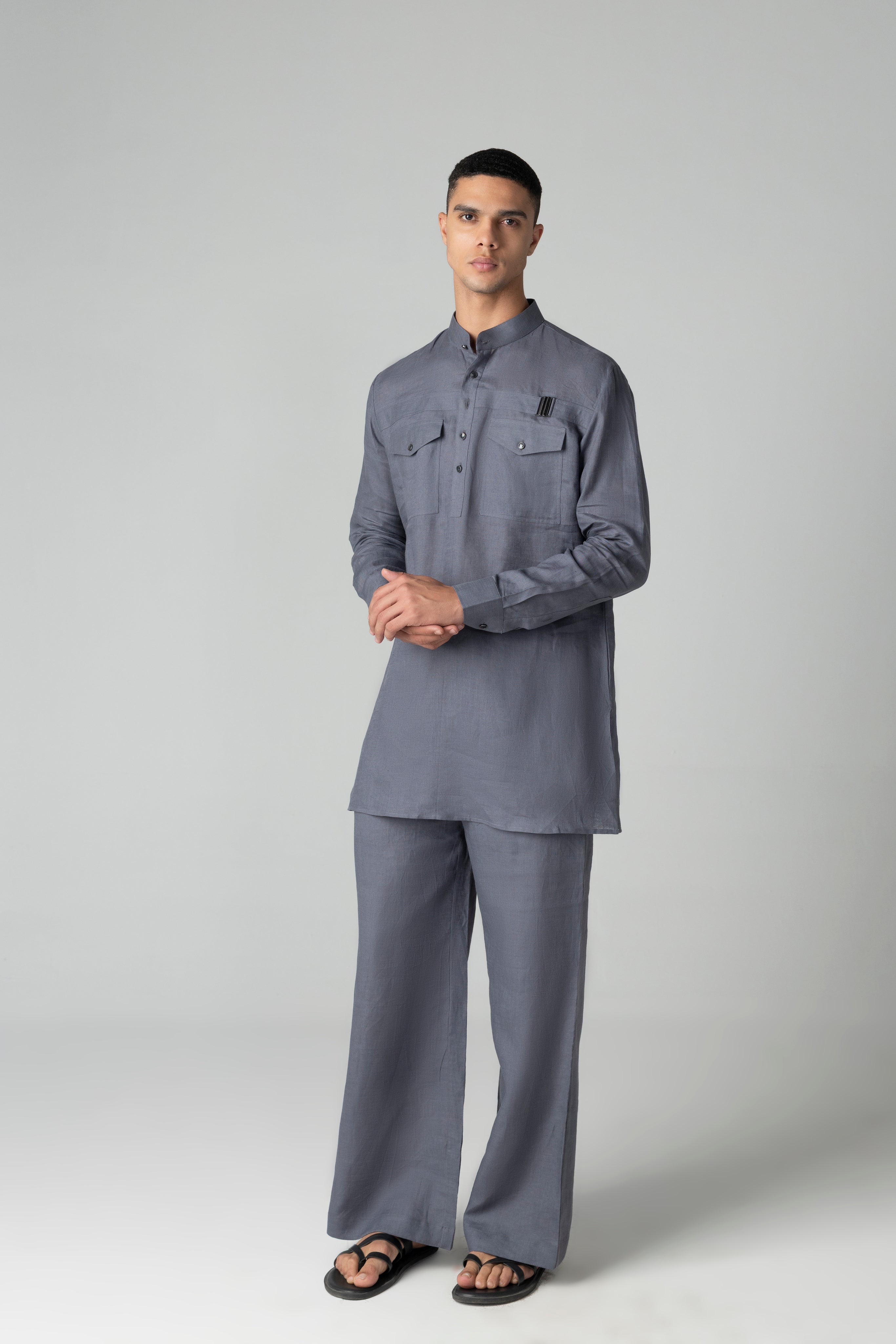 Grey short linen kurta with patch pocket & buckle detailing, paired with a matching plazzo