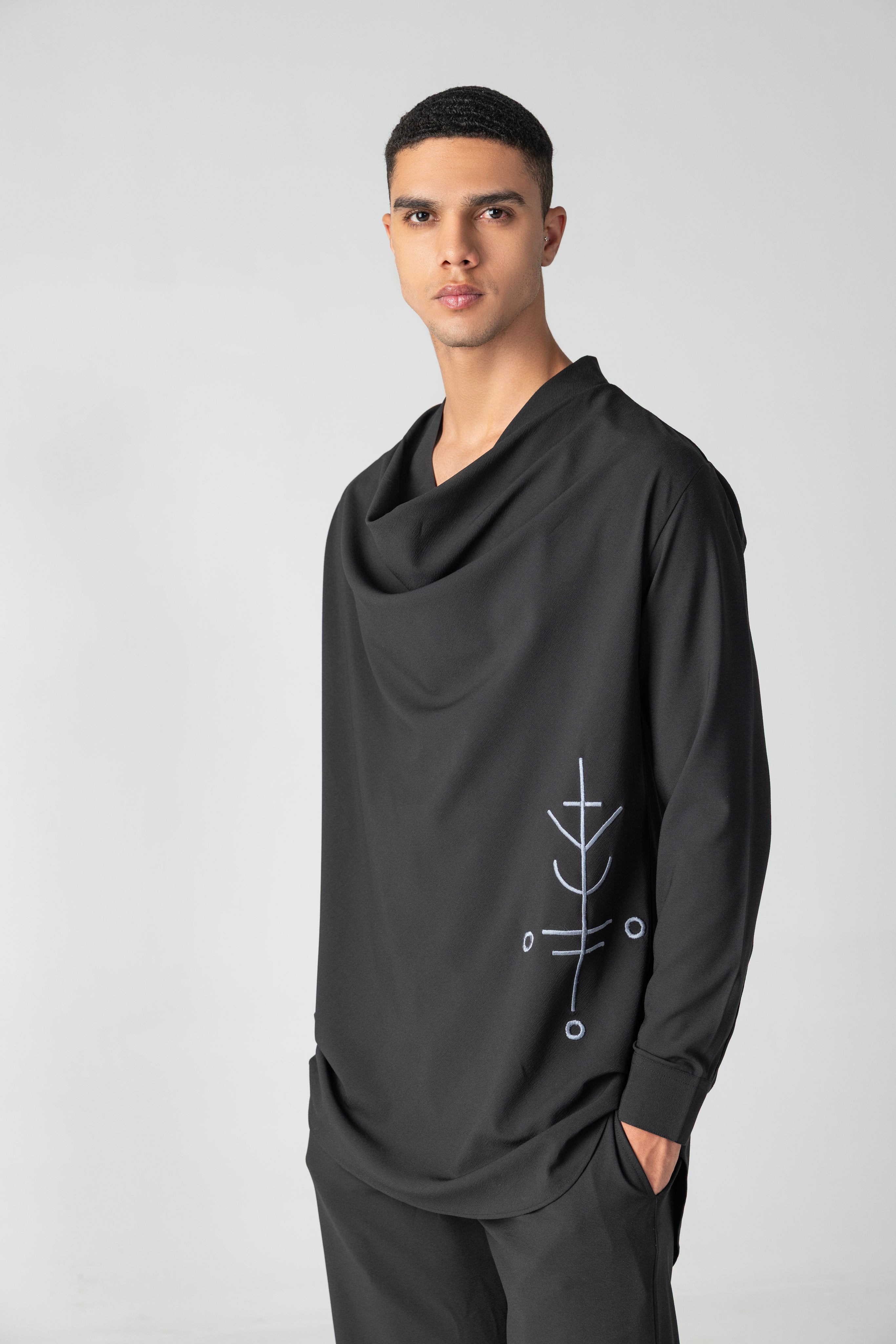 Black short crepe, cowl-neck kurta with thread embroidery detailing, paired with a matching plazzo