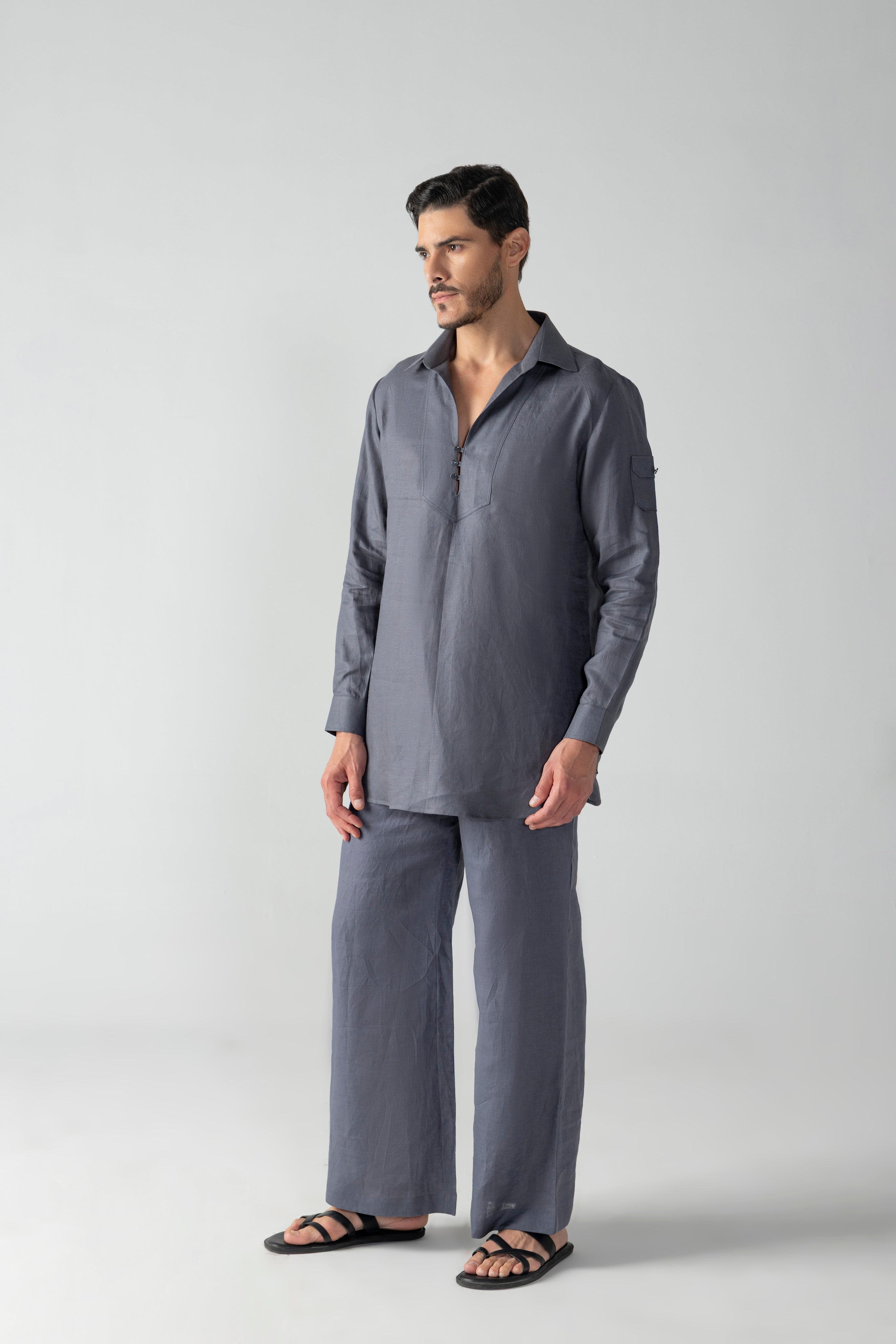 Grey short linen kurta with button detailing, paired with a matching plazzo