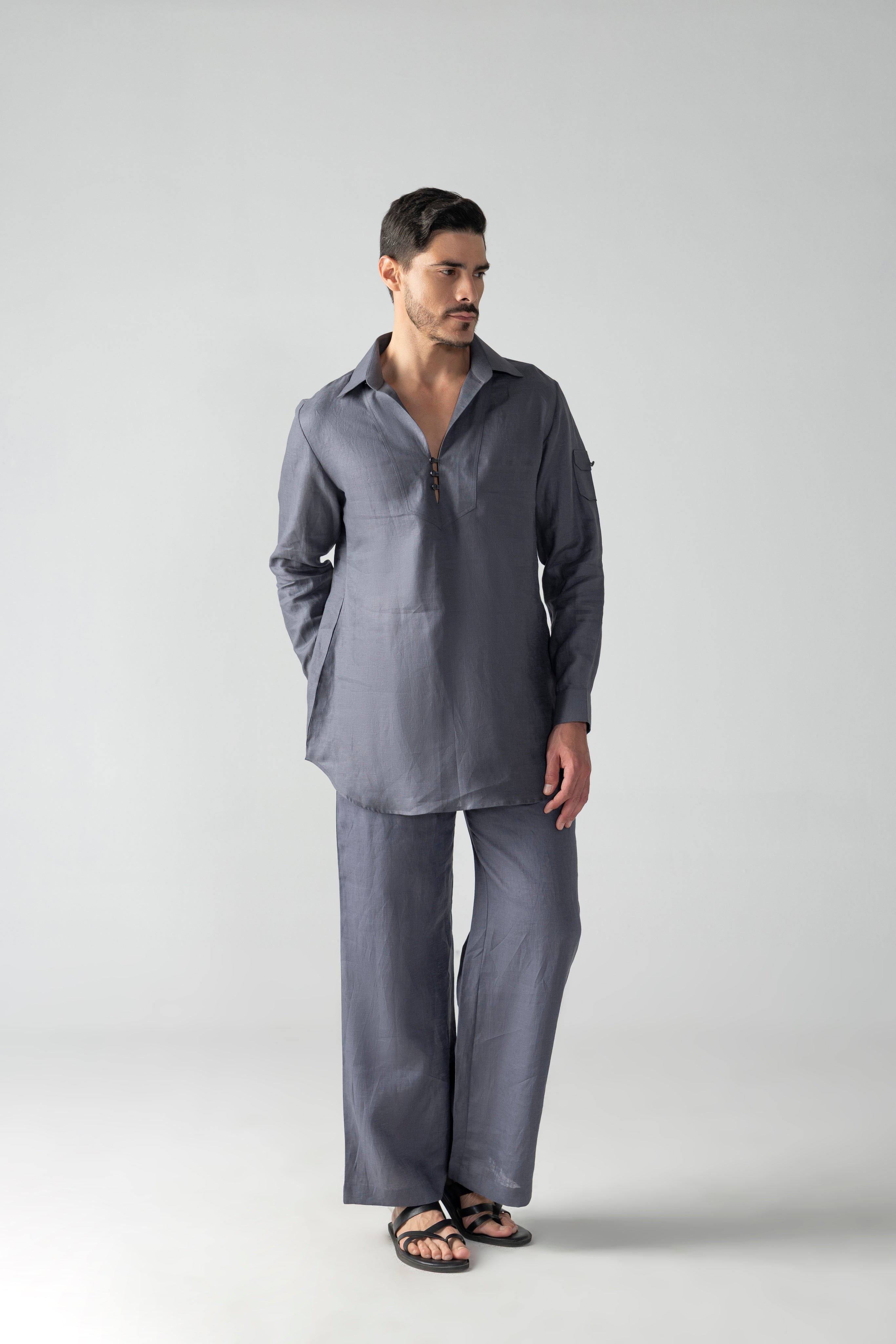Grey short linen kurta with button detailing, paired with a matching plazzo