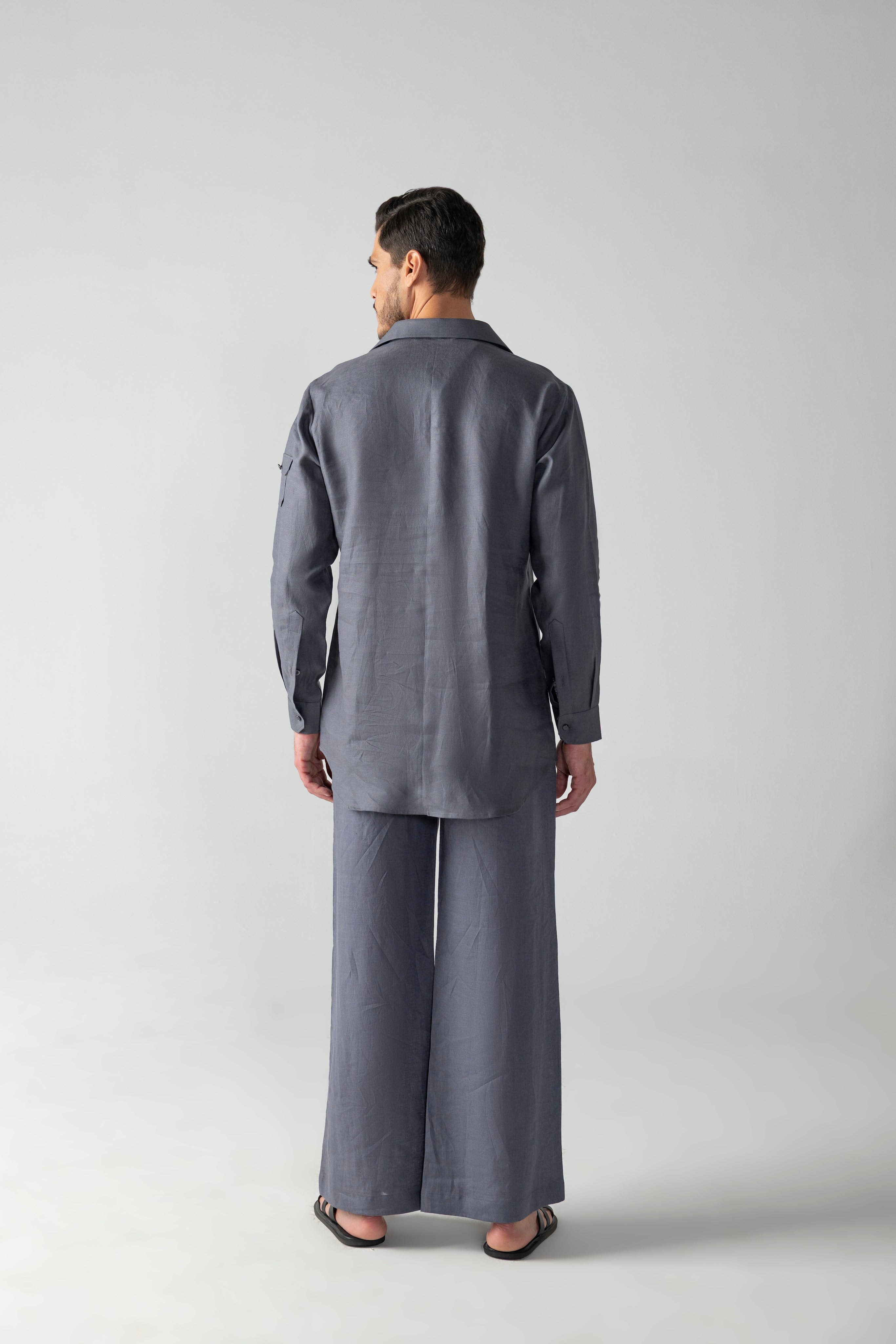 Grey short linen kurta with button detailing, paired with a matching plazzo