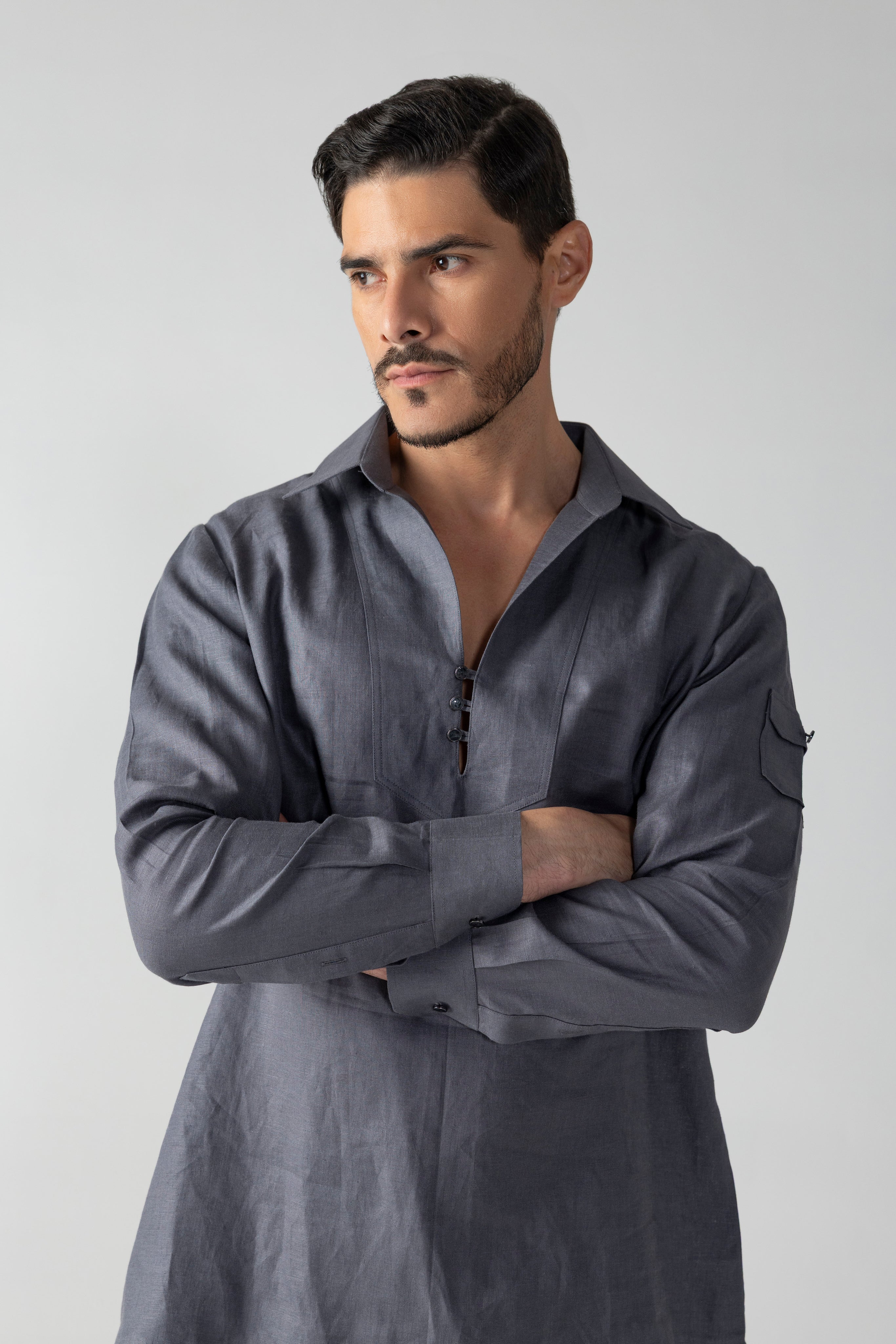 Grey short linen kurta with button detailing, paired with a matching plazzo
