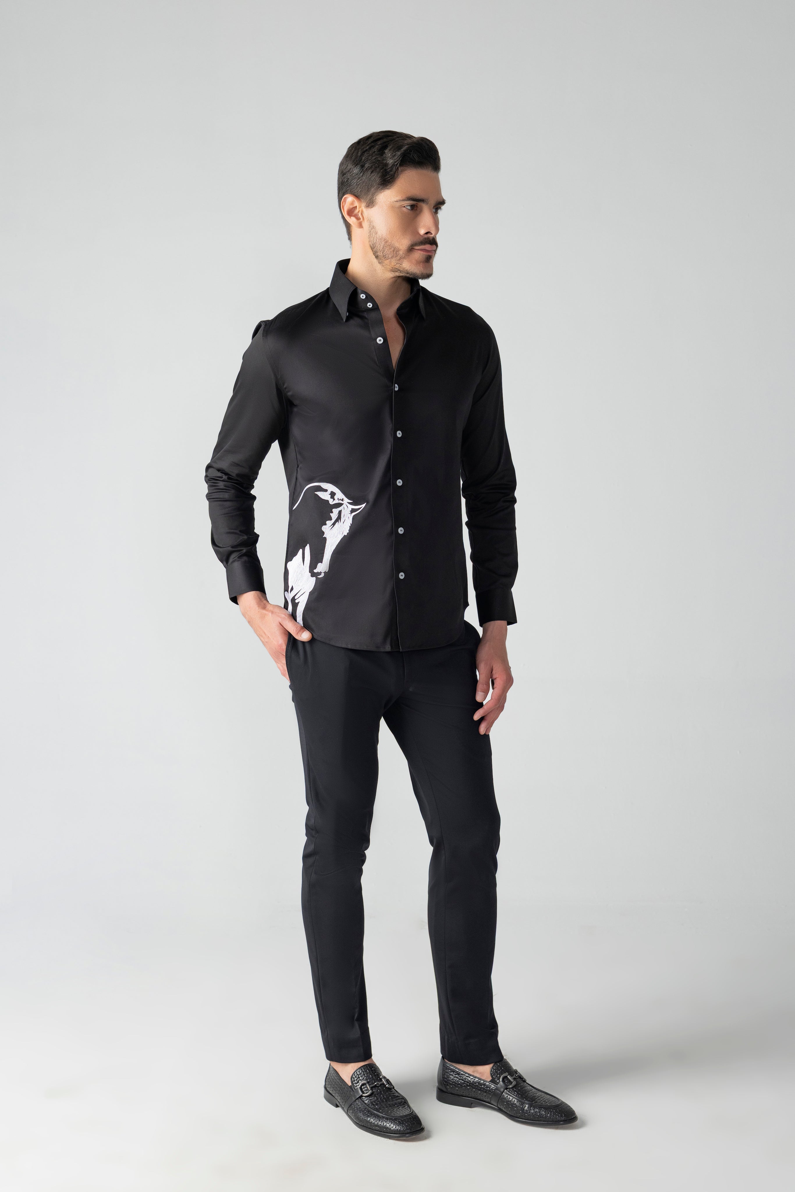 Black shirt with white embroidered Horse motif