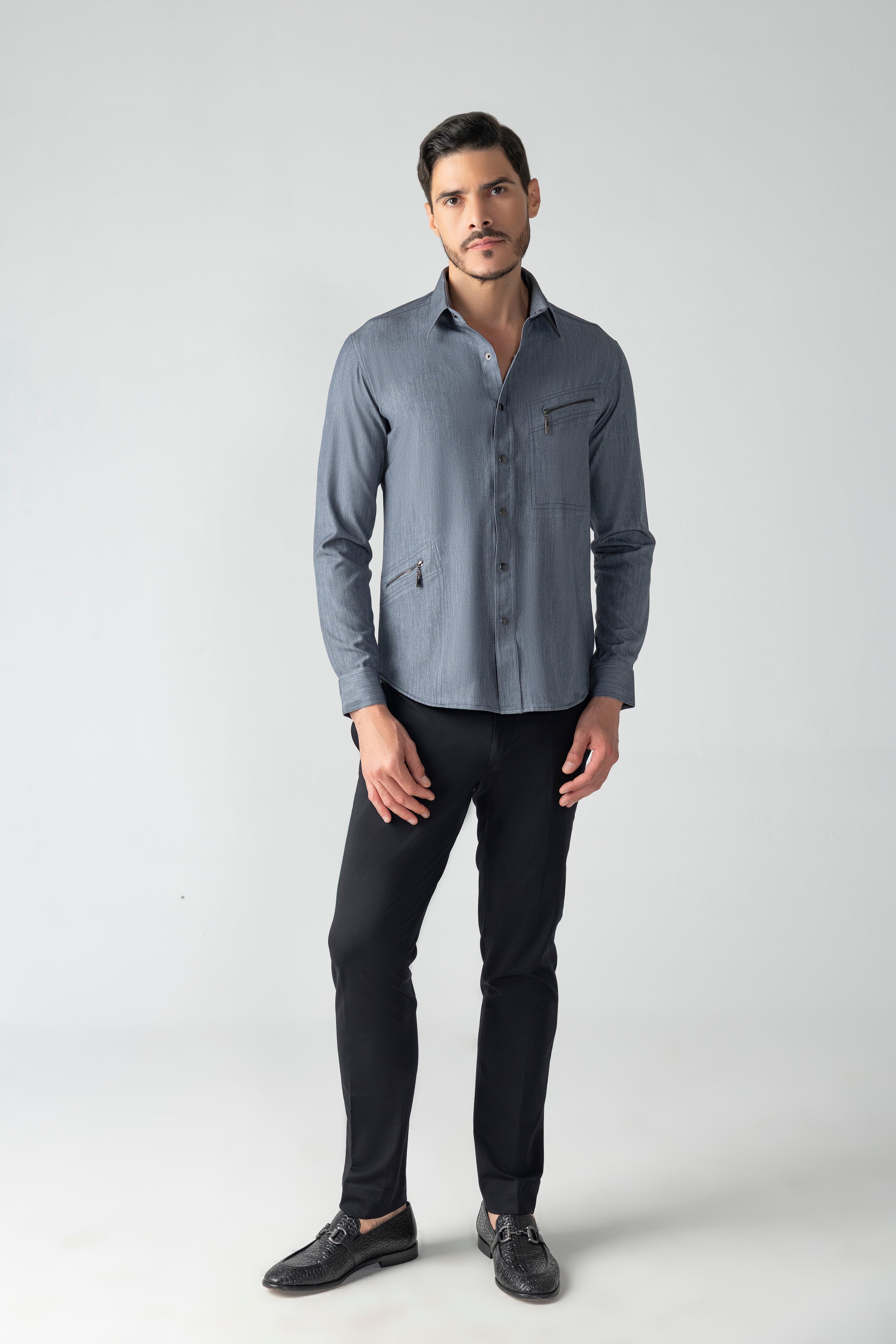 Grey denim shirt with patch pockets & zipper detailing