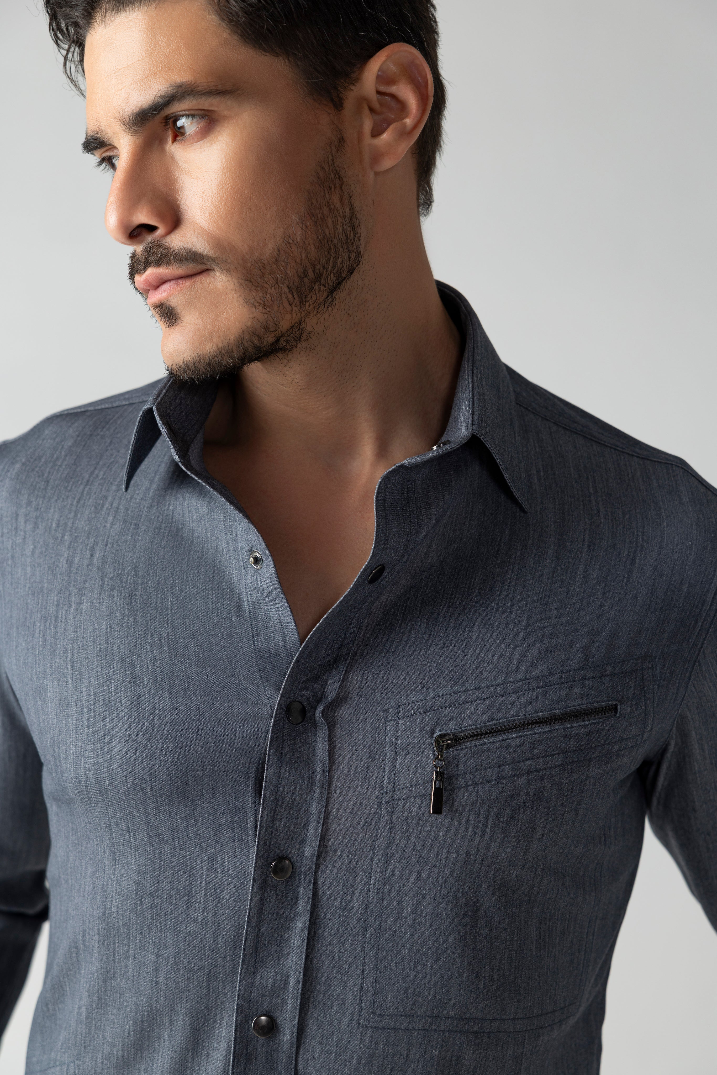 Grey denim shirt with patch pockets & zipper detailing