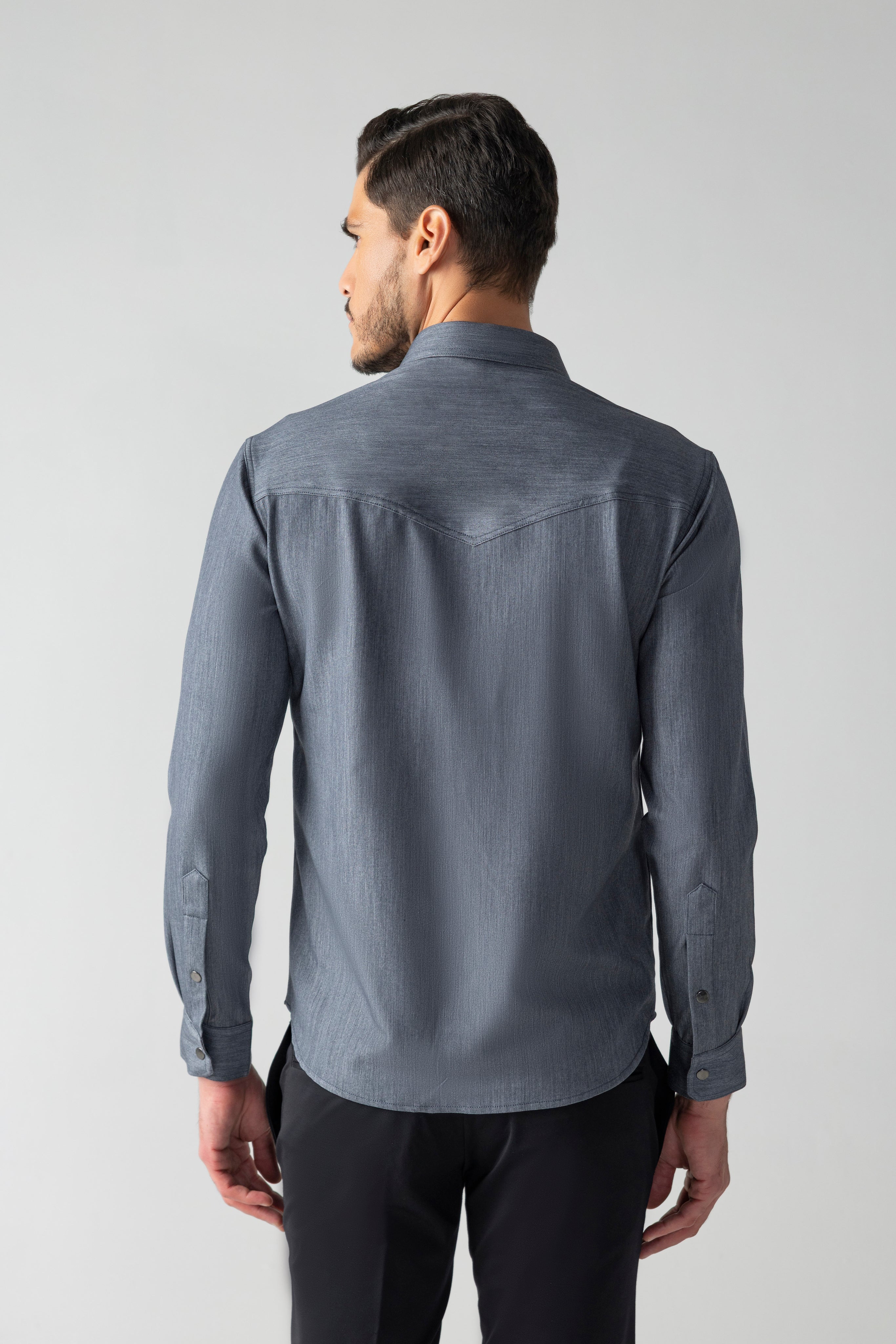 Grey denim shirt with patch pockets & zipper detailing