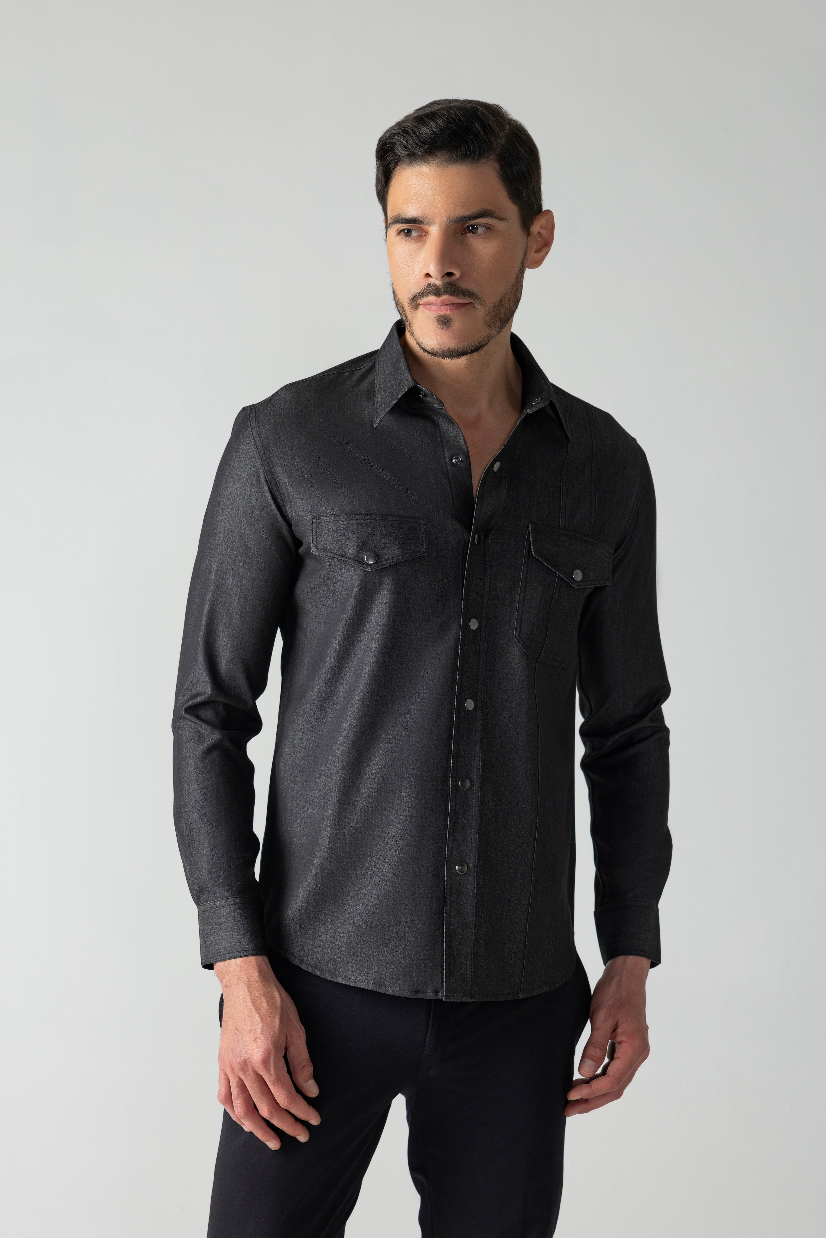 Black denim shirt with patch pockets & yoke detailing