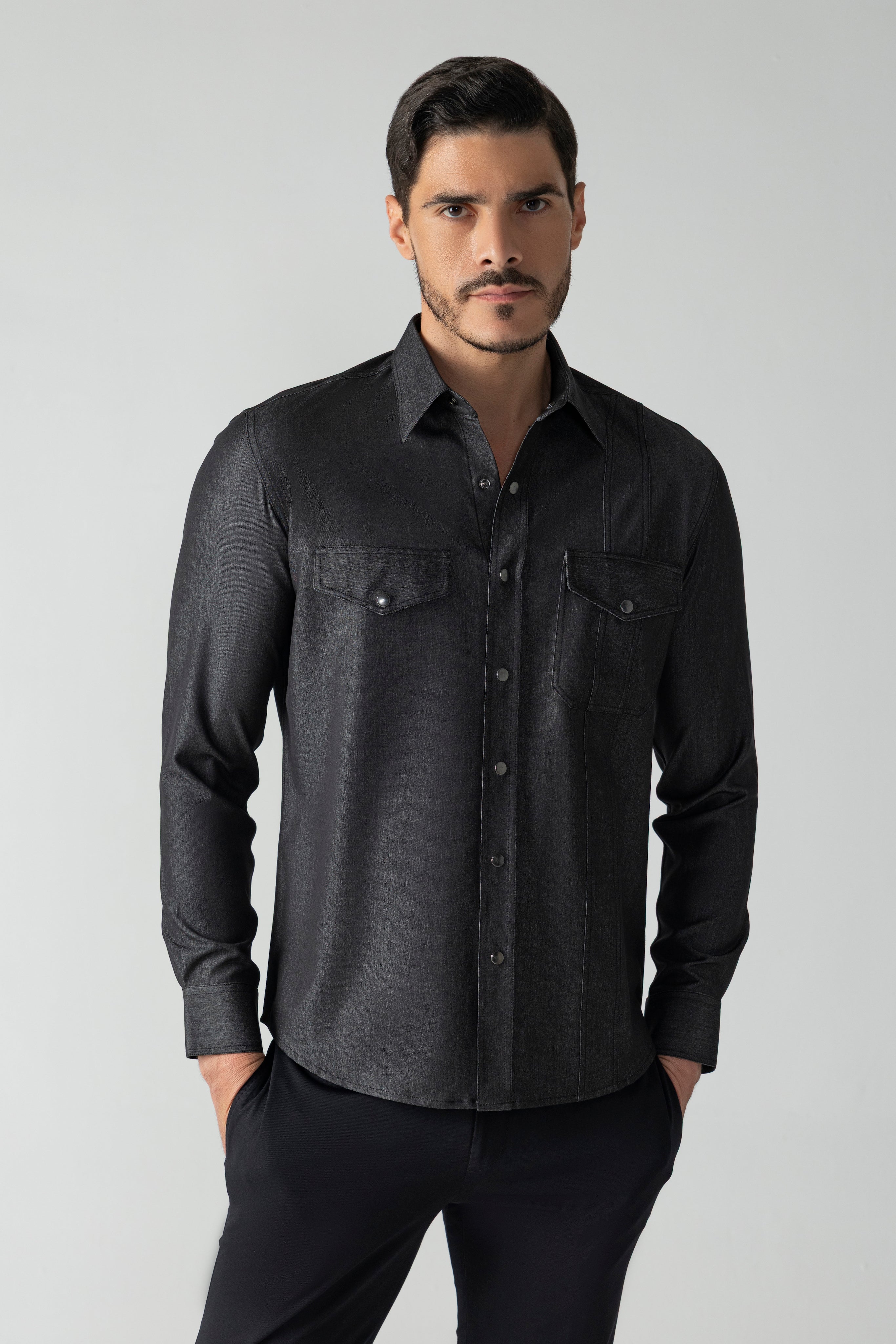 Black denim shirt with patch pockets & yoke detailing