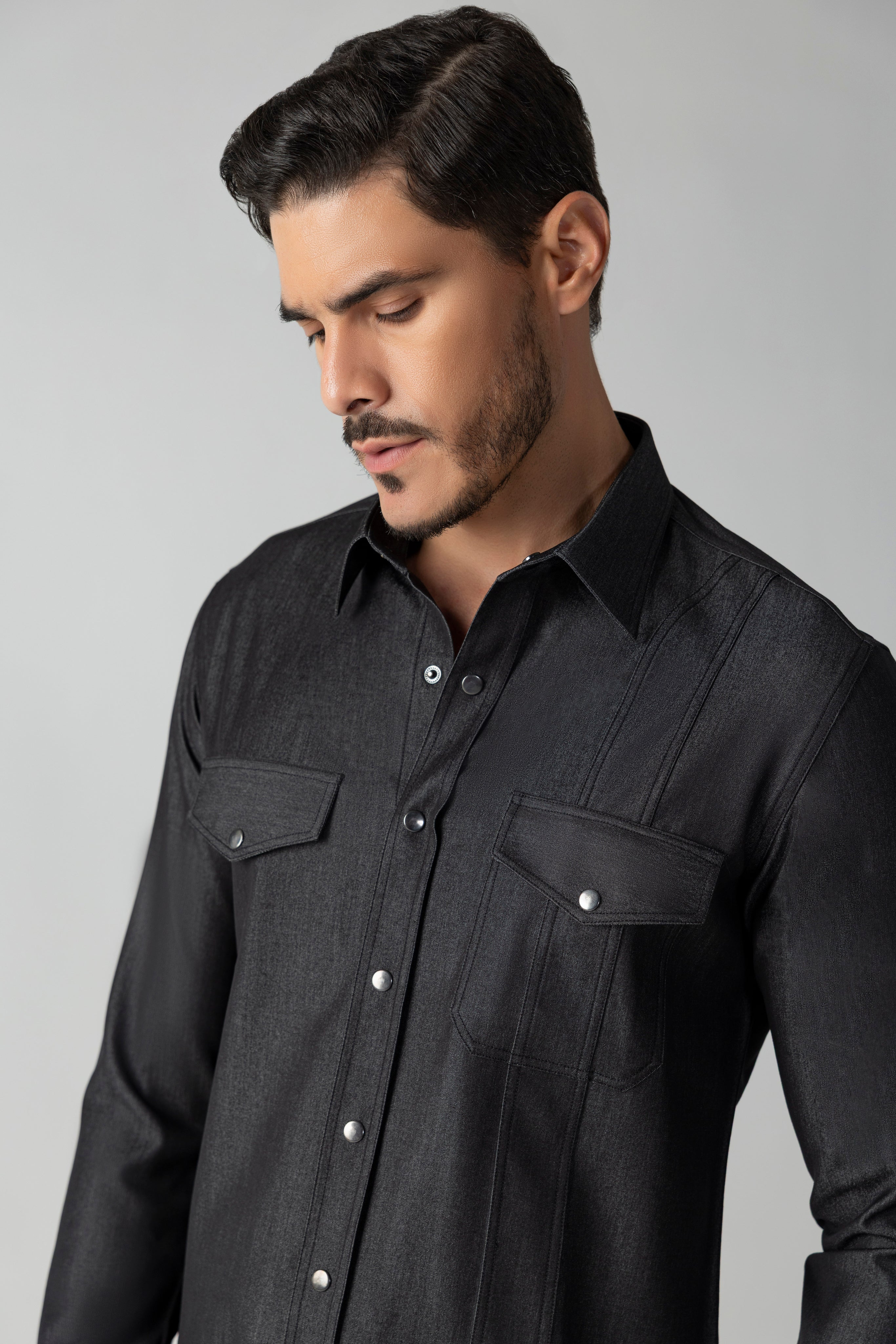 Black denim shirt with patch pockets & yoke detailing