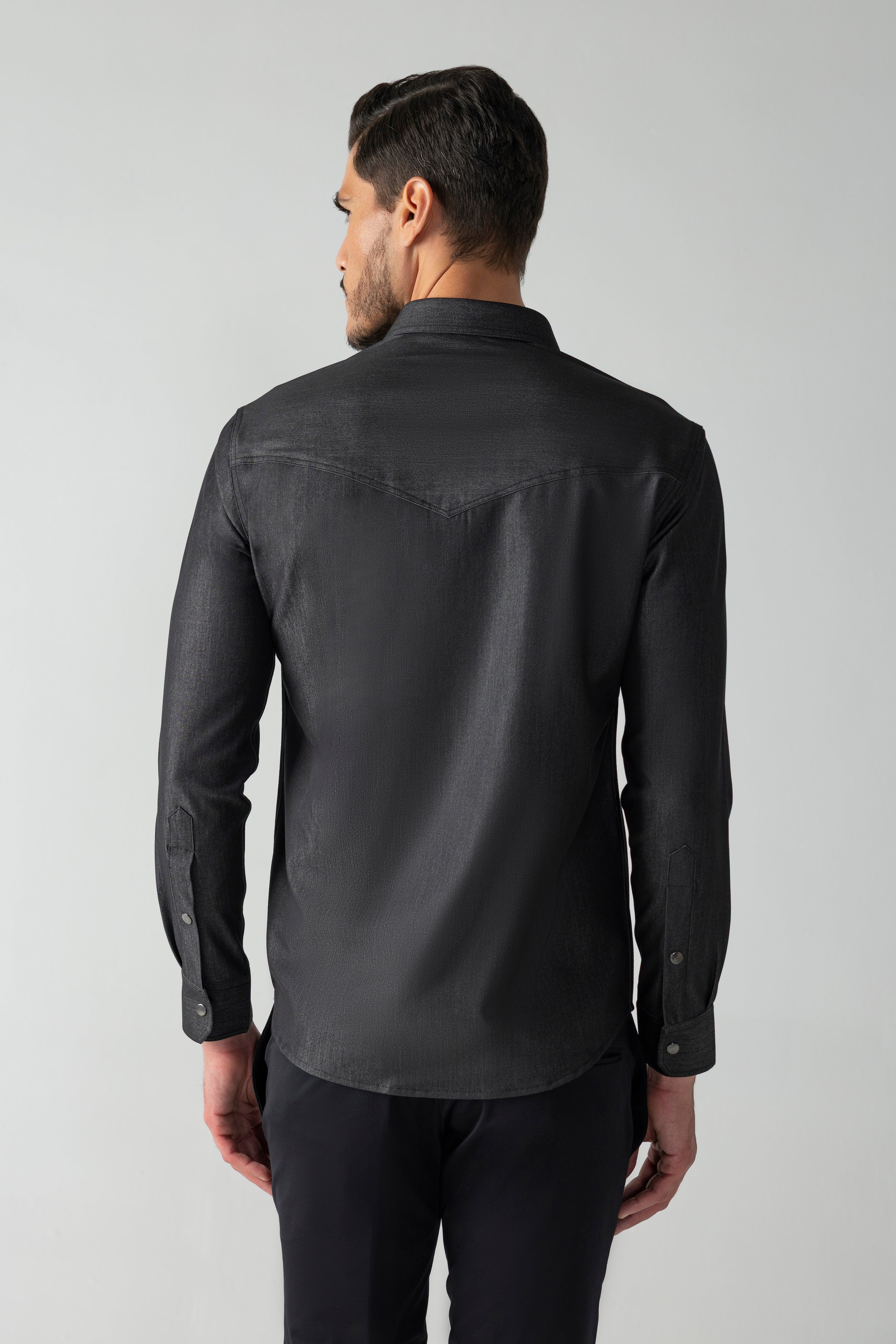 Black denim shirt with patch pockets & yoke detailing