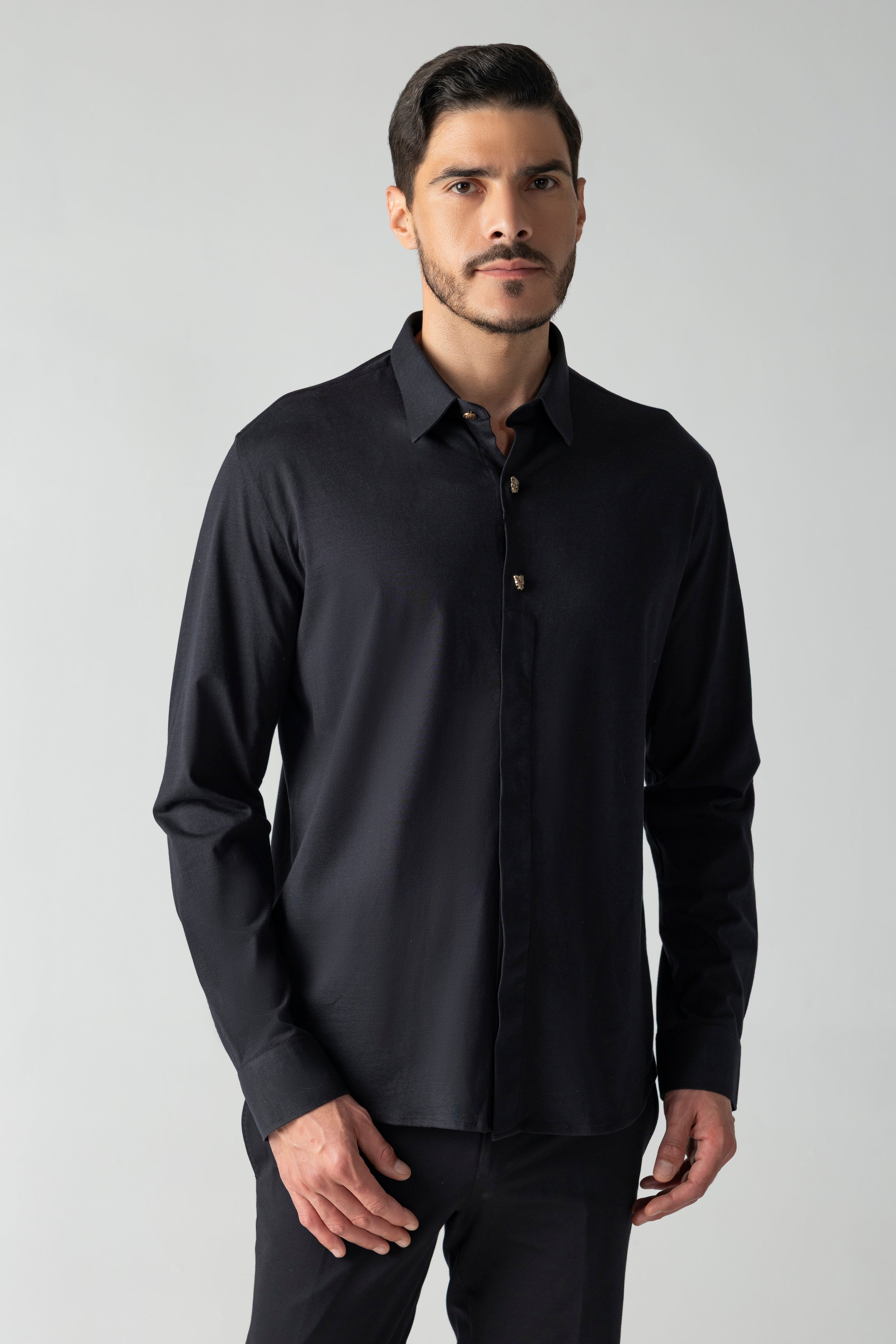 Black hidden button placket shirt with leopard button detailing
