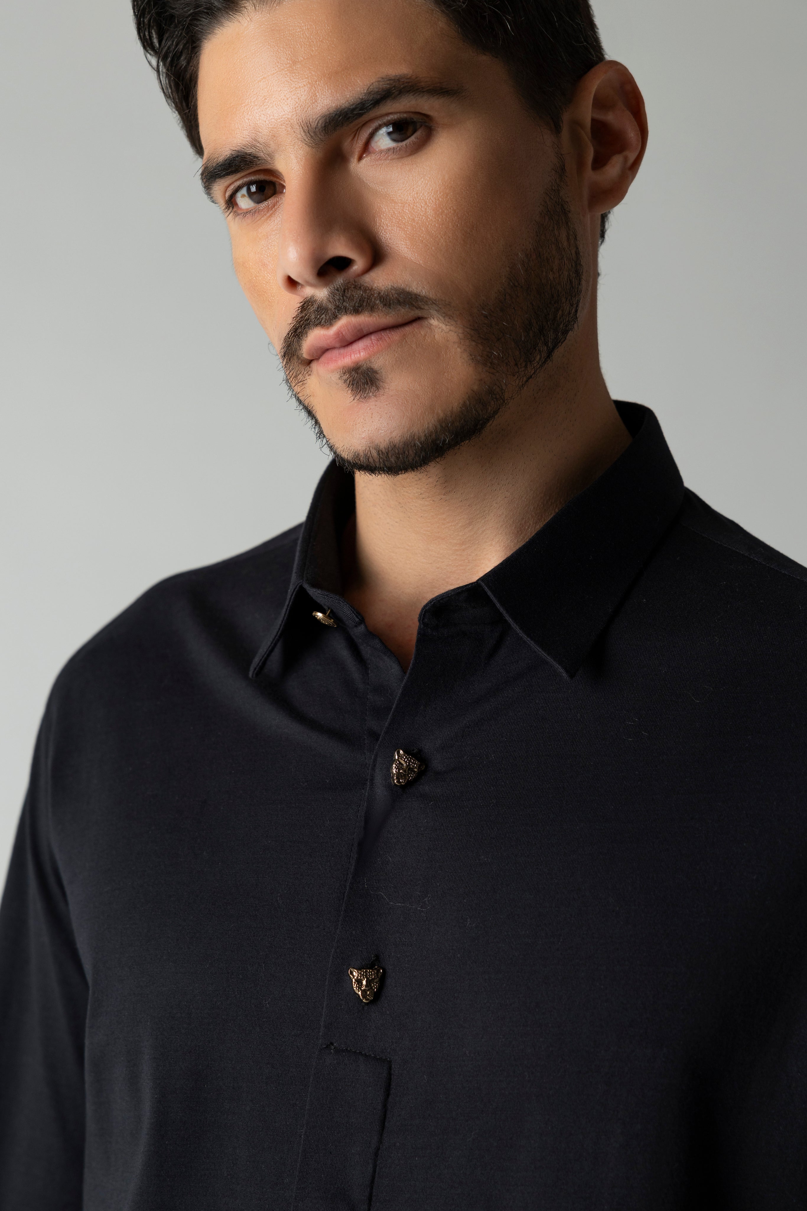 Black hidden button placket shirt with leopard button detailing