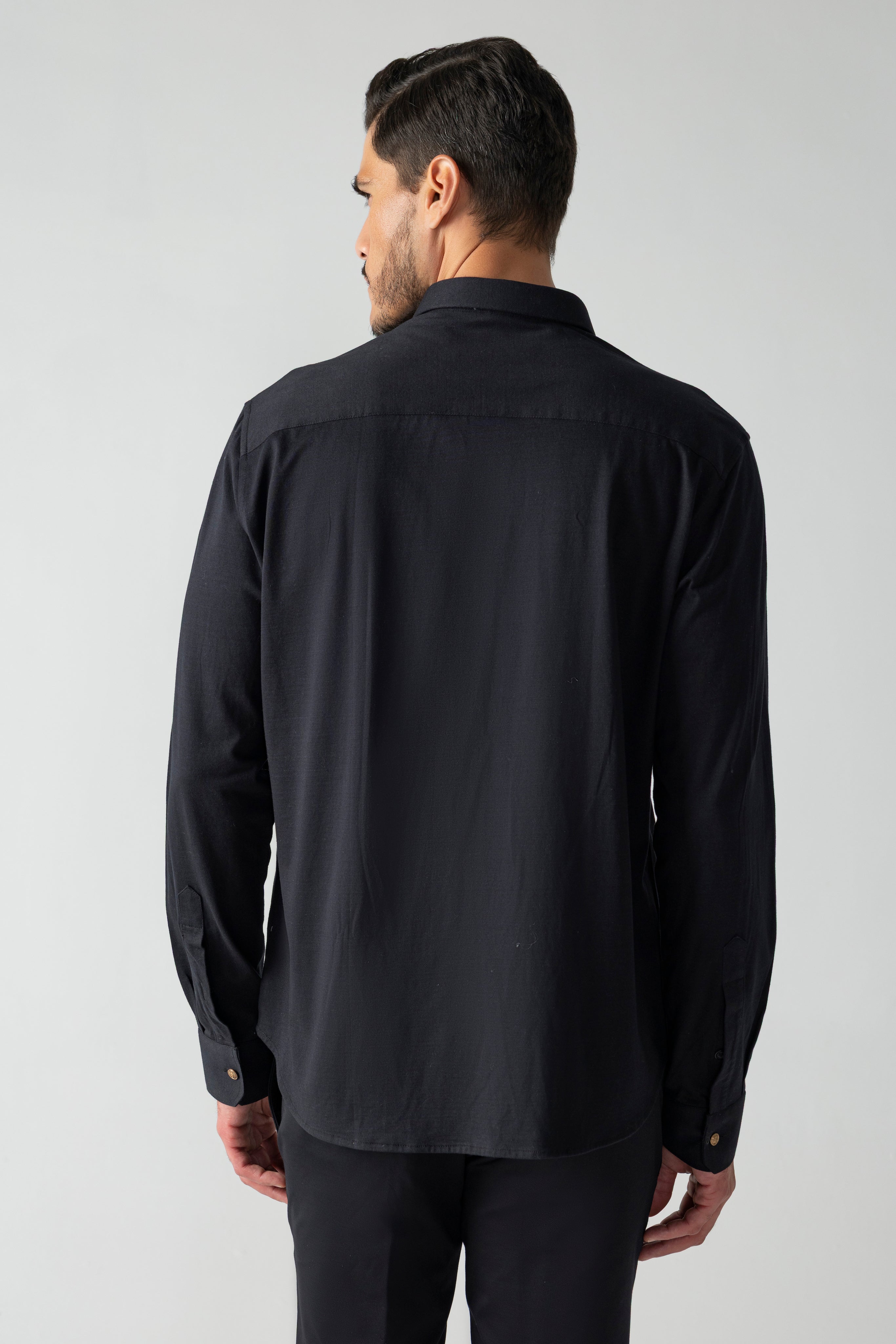 Black hidden button placket shirt with leopard button detailing