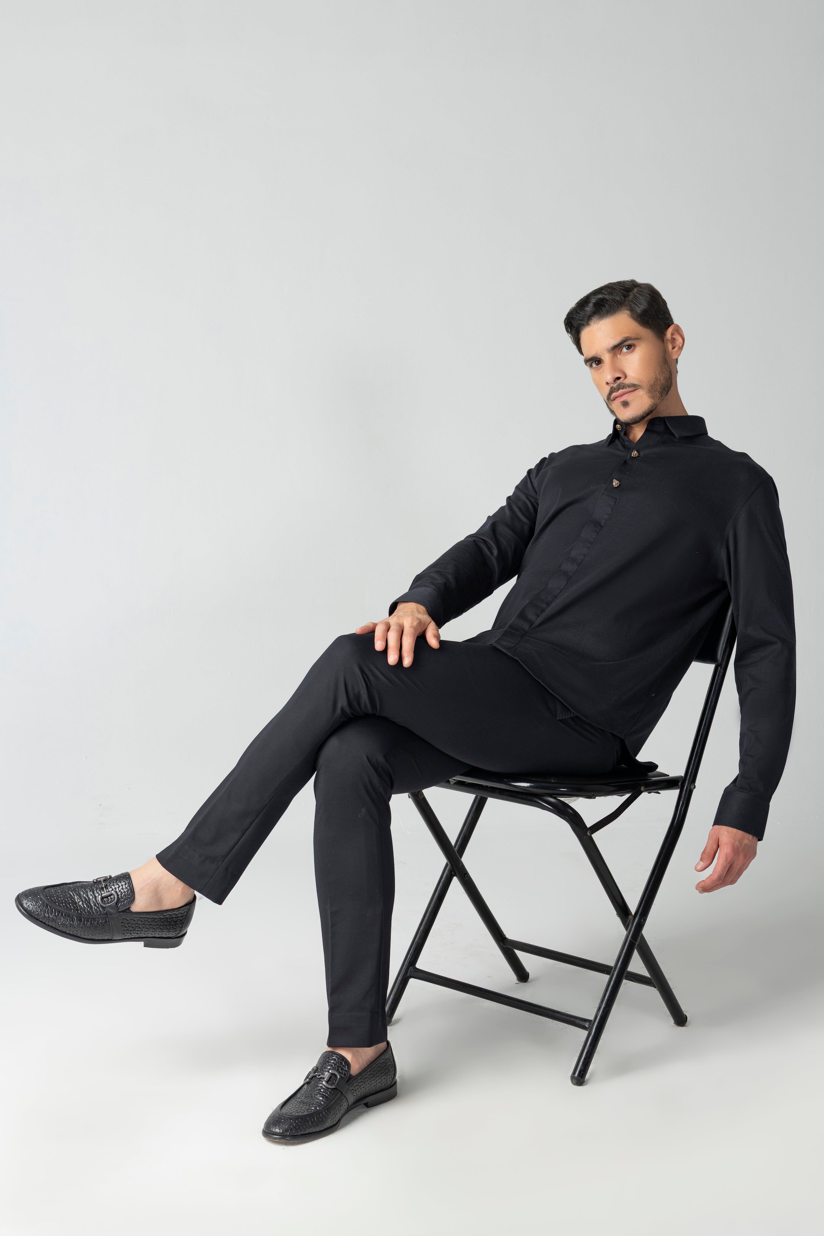 Black hidden button placket shirt with leopard button detailing