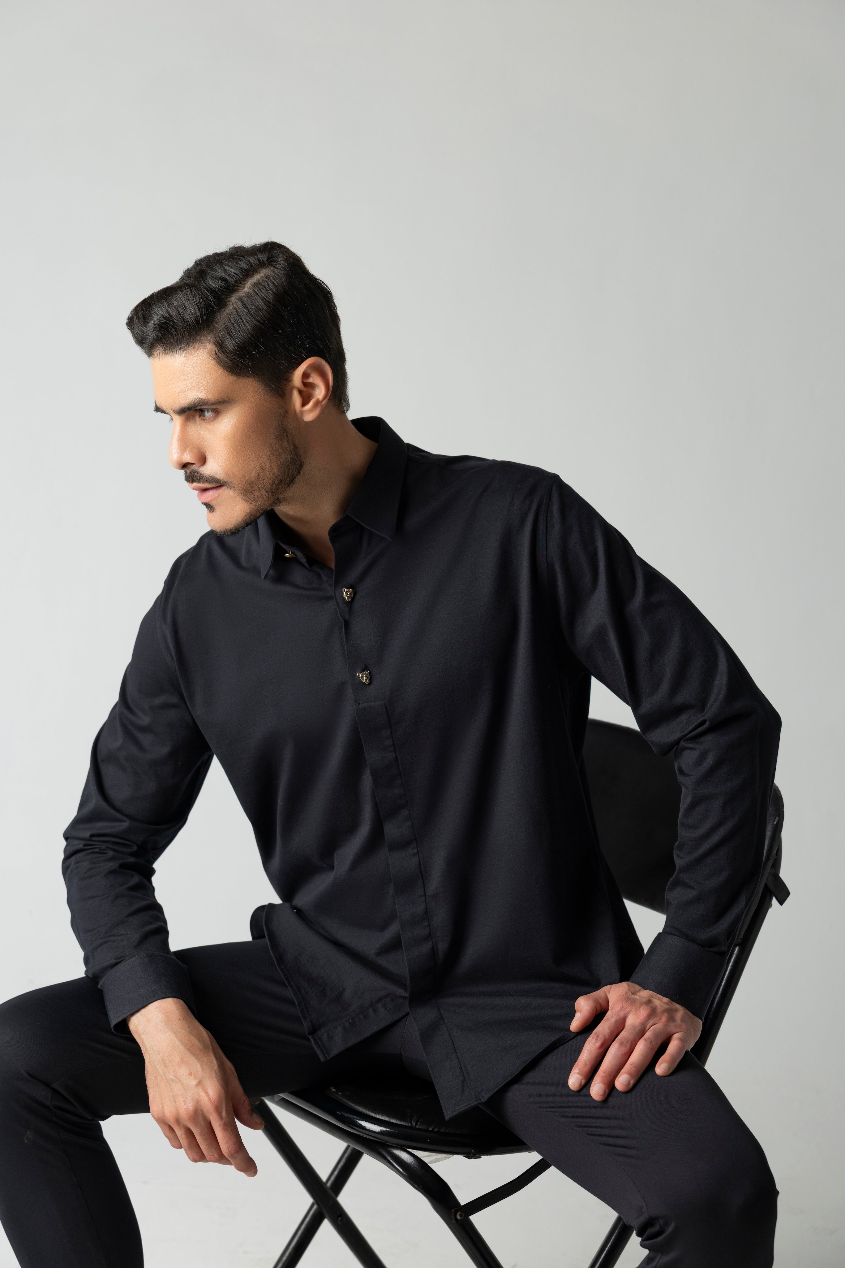 Black hidden button placket shirt with leopard button detailing