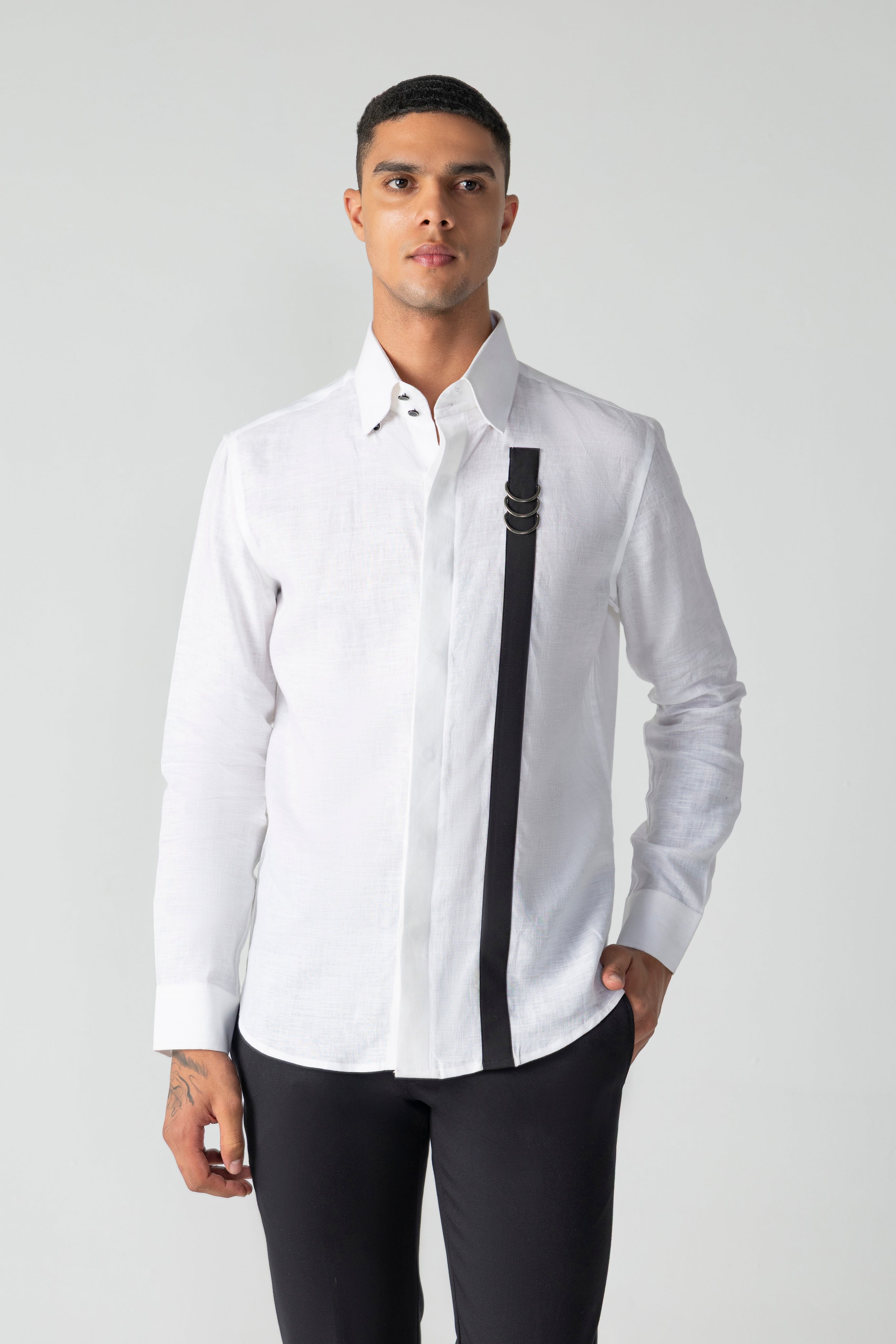 White linen shirt with contrast strap & metallic buckle detailing