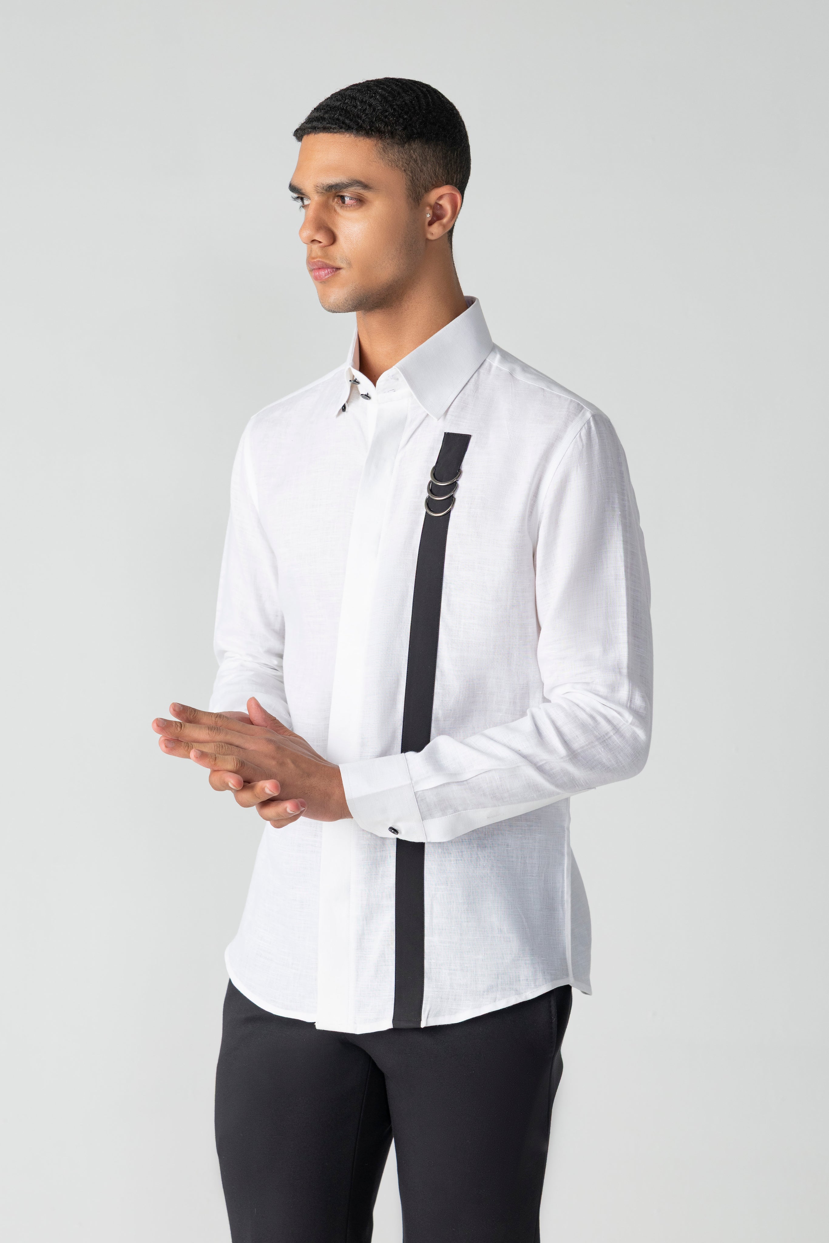 White linen shirt with contrast strap & metallic buckle detailing