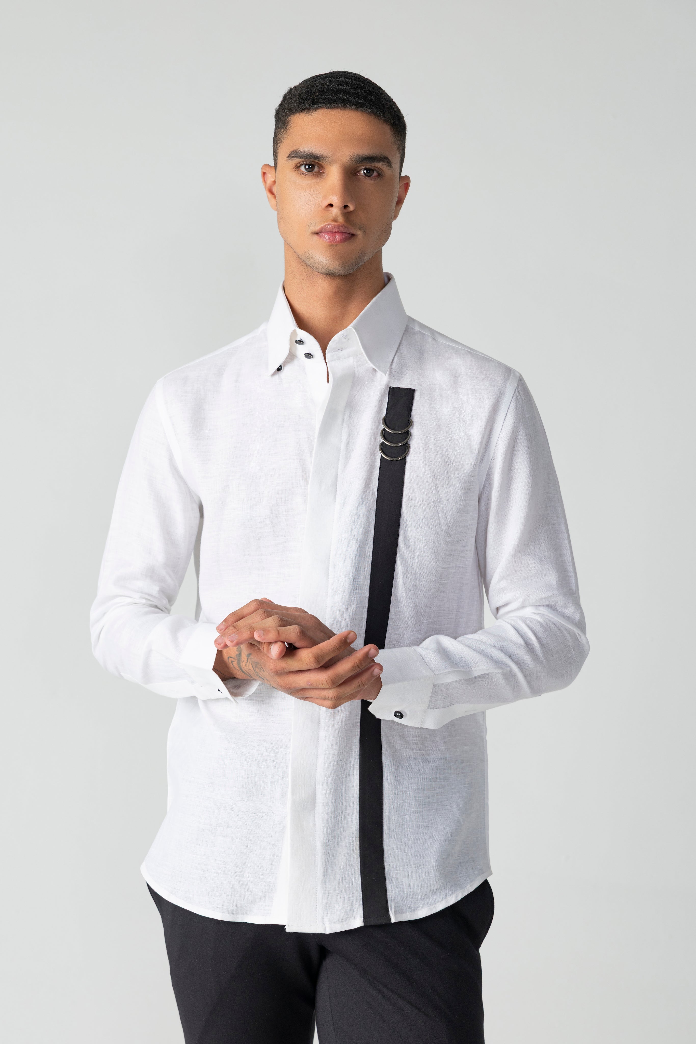 White linen shirt with contrast strap & metallic buckle detailing