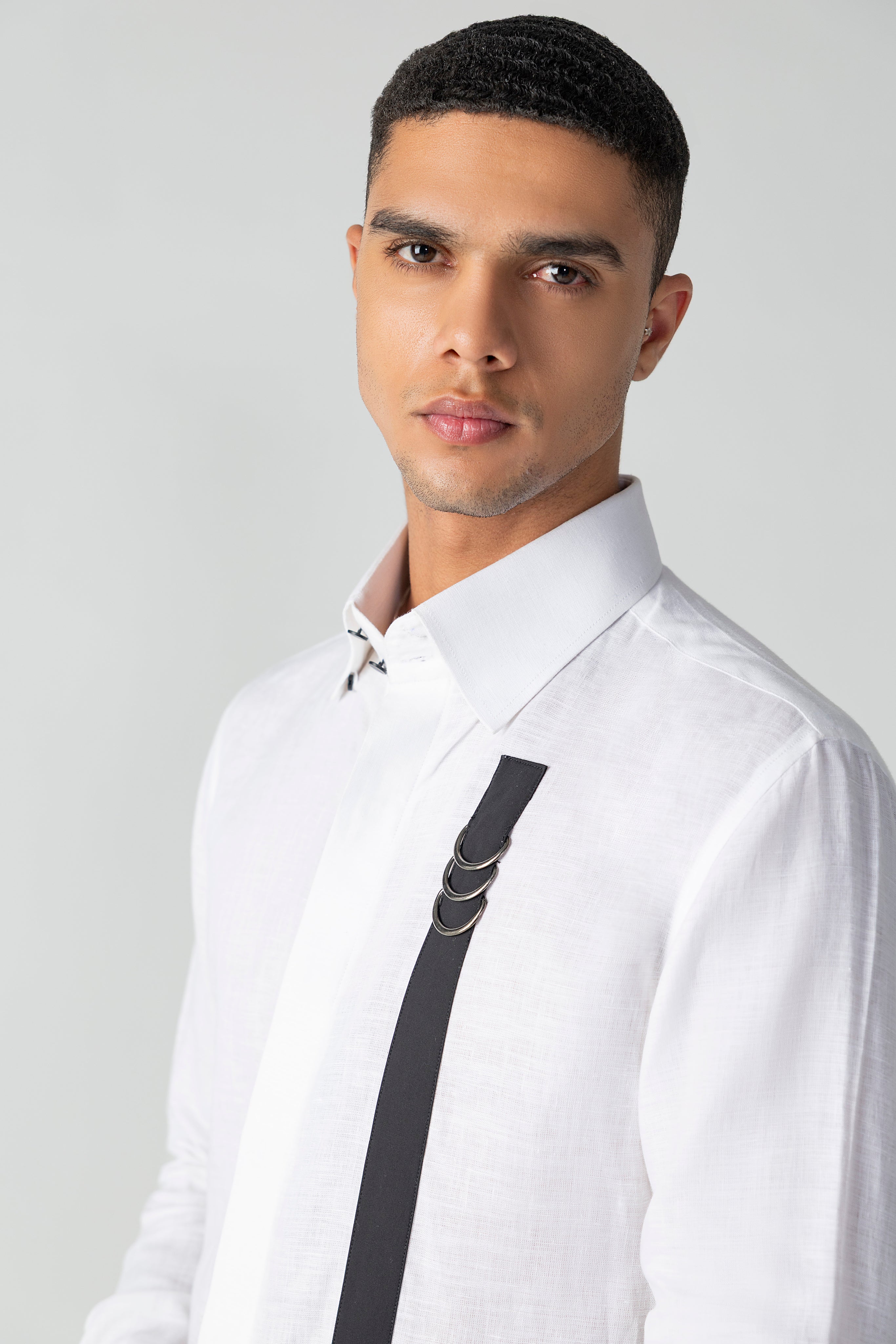 White linen shirt with contrast strap & metallic buckle detailing