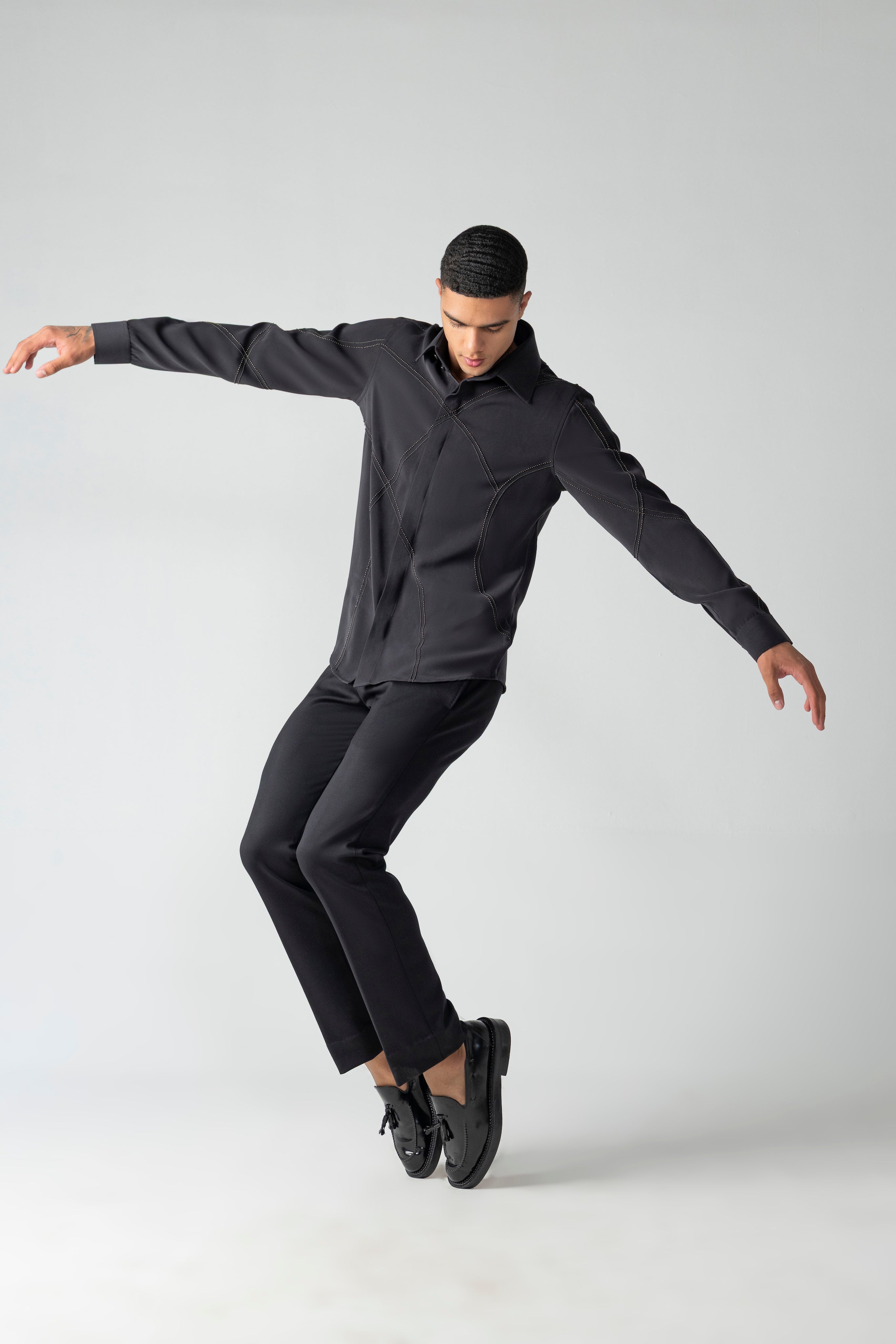 Black shirt with all-over abstract metallic hand-embroidery