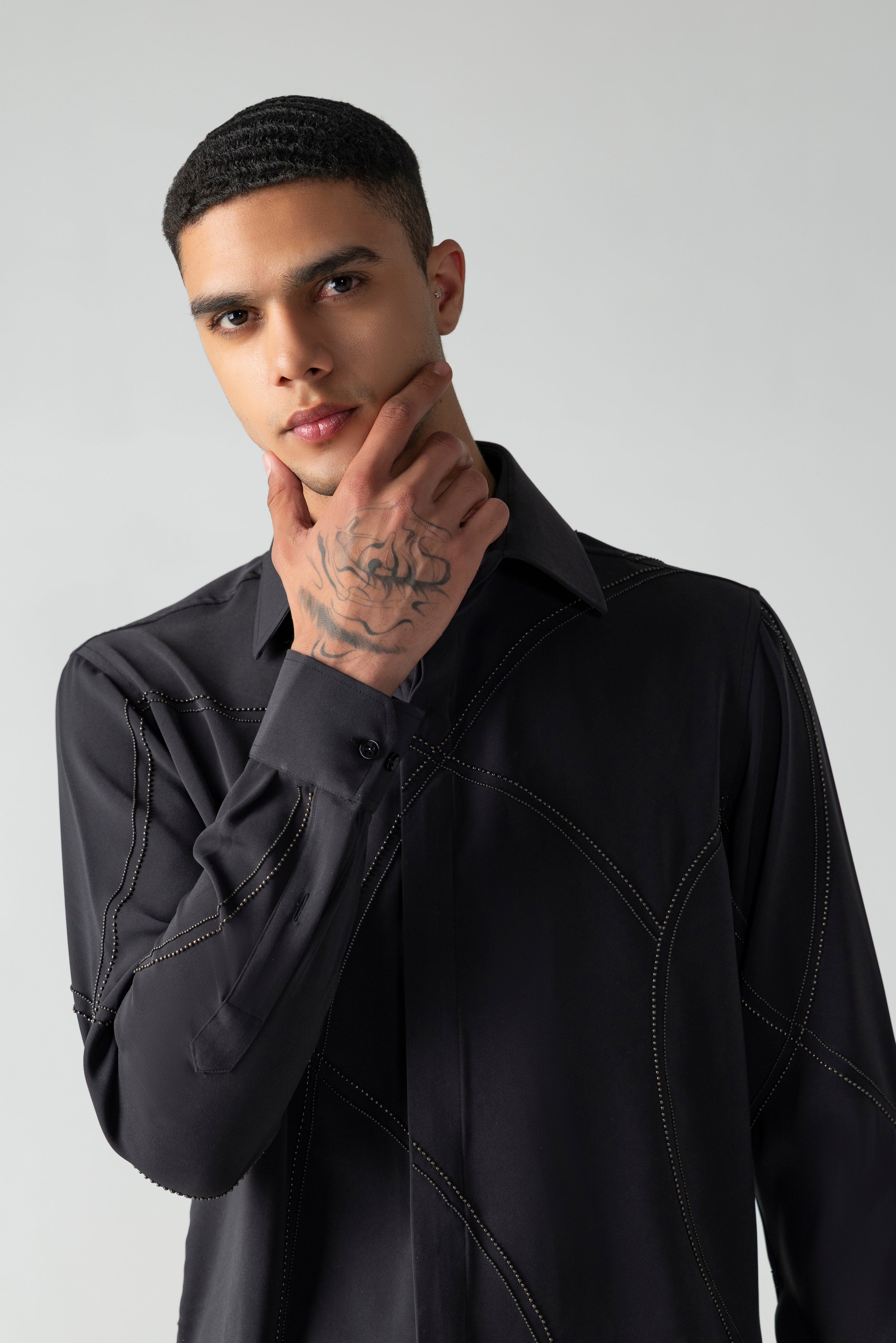 Black shirt with all-over abstract metallic hand-embroidery
