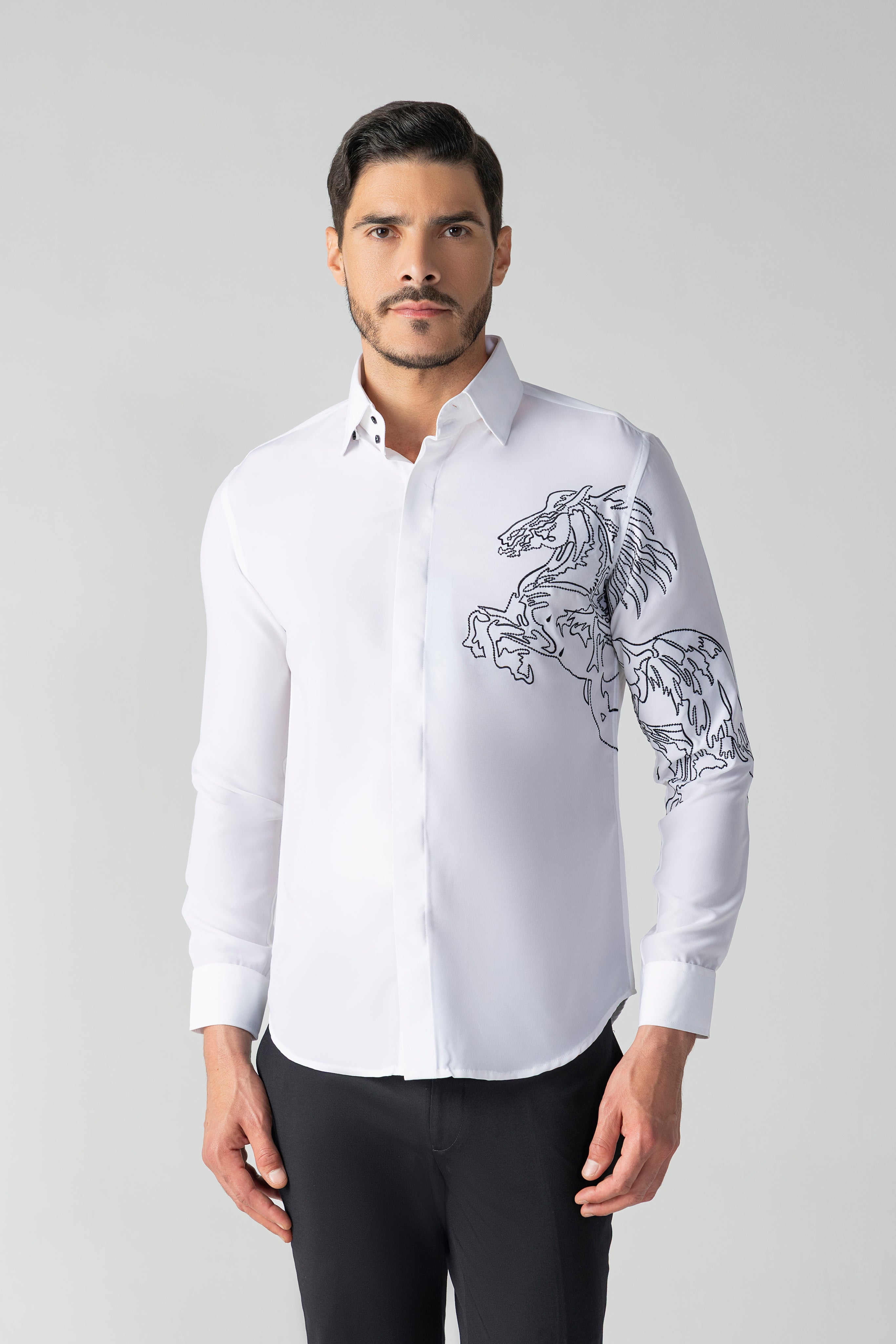White shirt with black embroidered Horse motif