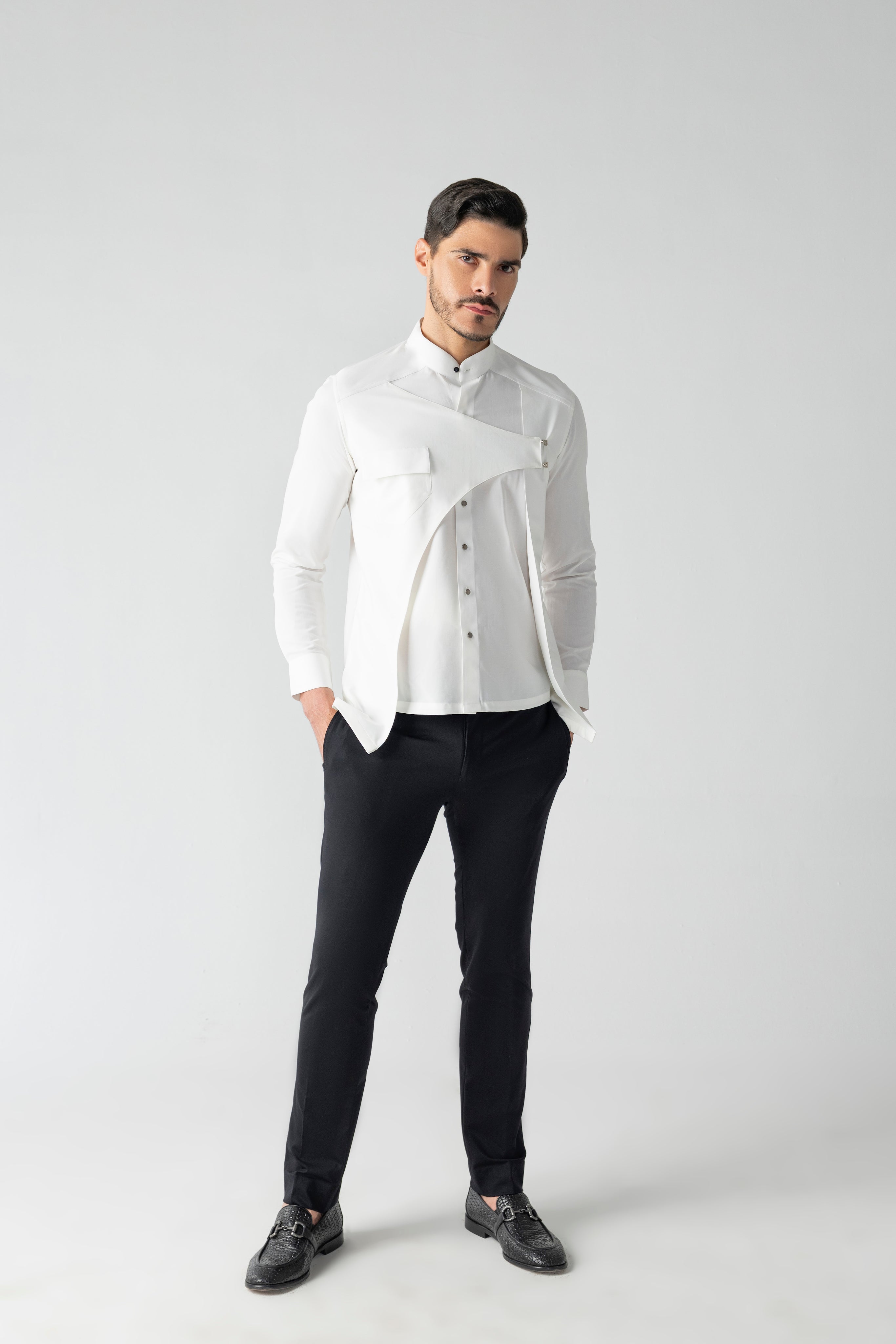 White shirt with asymmetrical flap, patch pocket & hook detailing