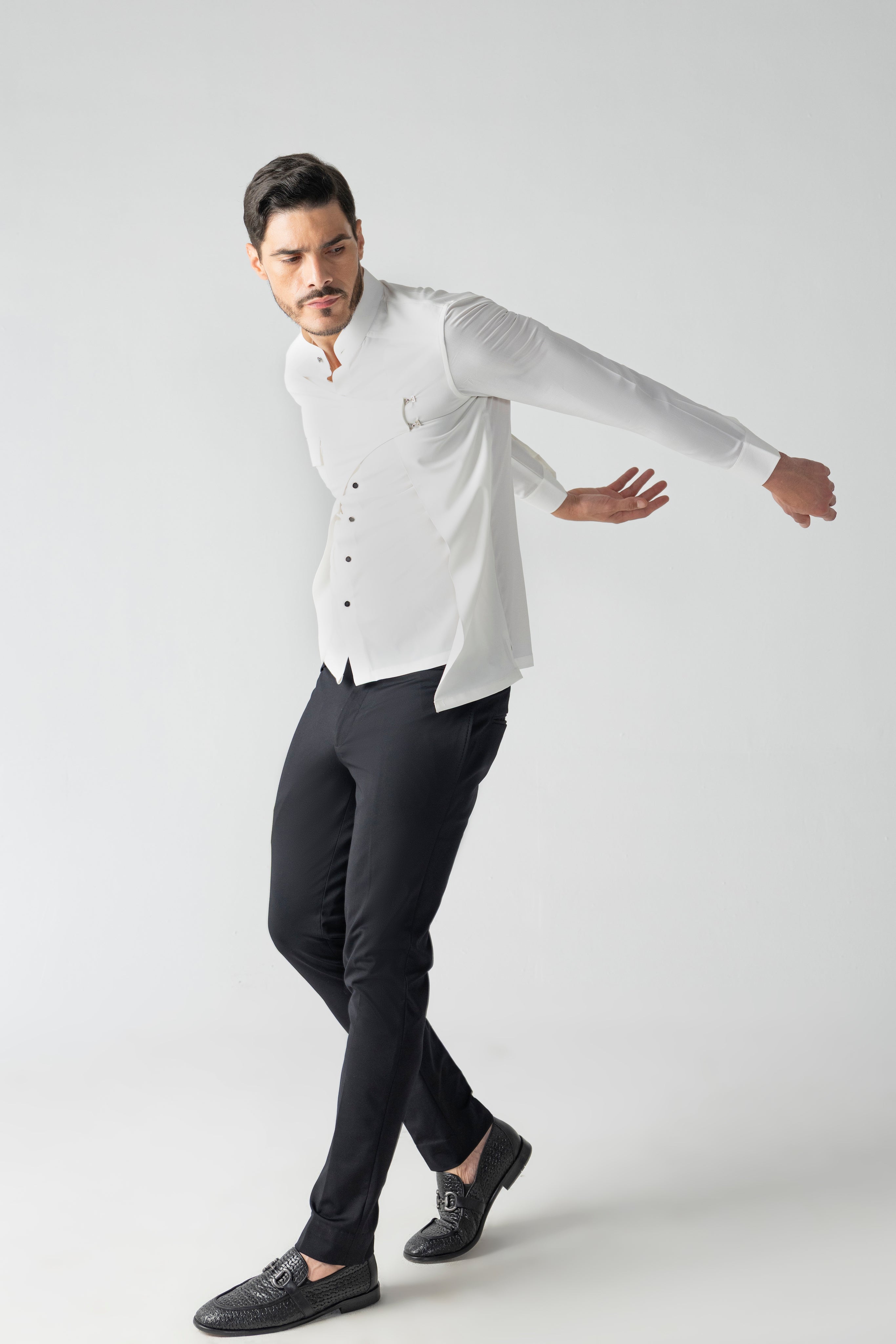 White shirt with asymmetrical flap, patch pocket & hook detailing