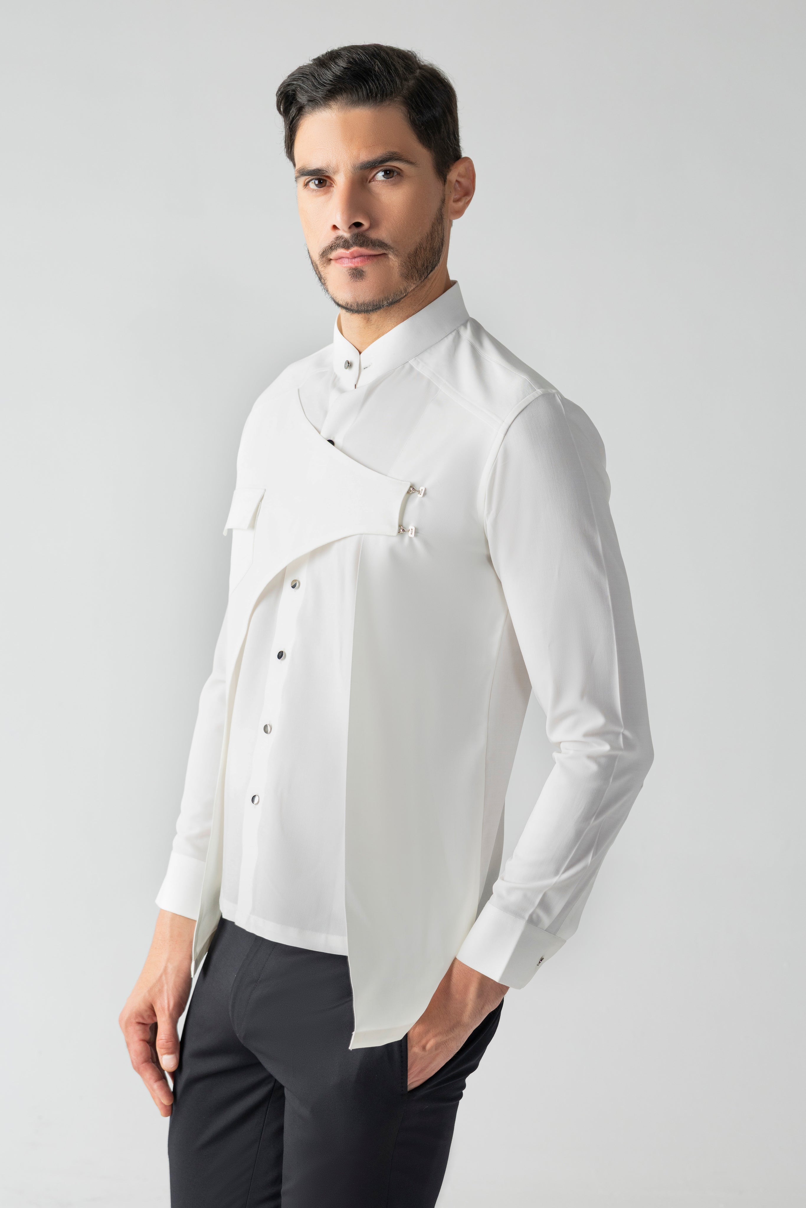White shirt with asymmetrical flap, patch pocket & hook detailing