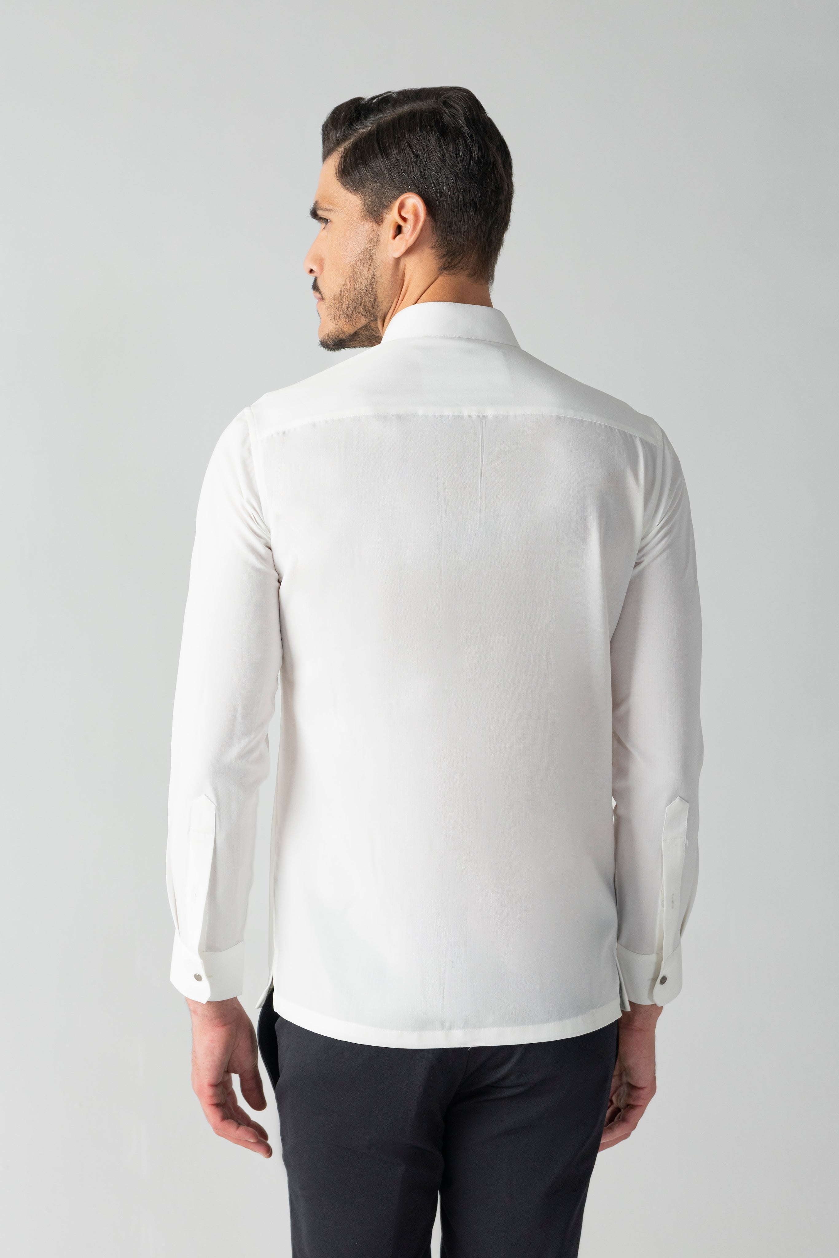 White shirt with asymmetrical flap, patch pocket & hook detailing
