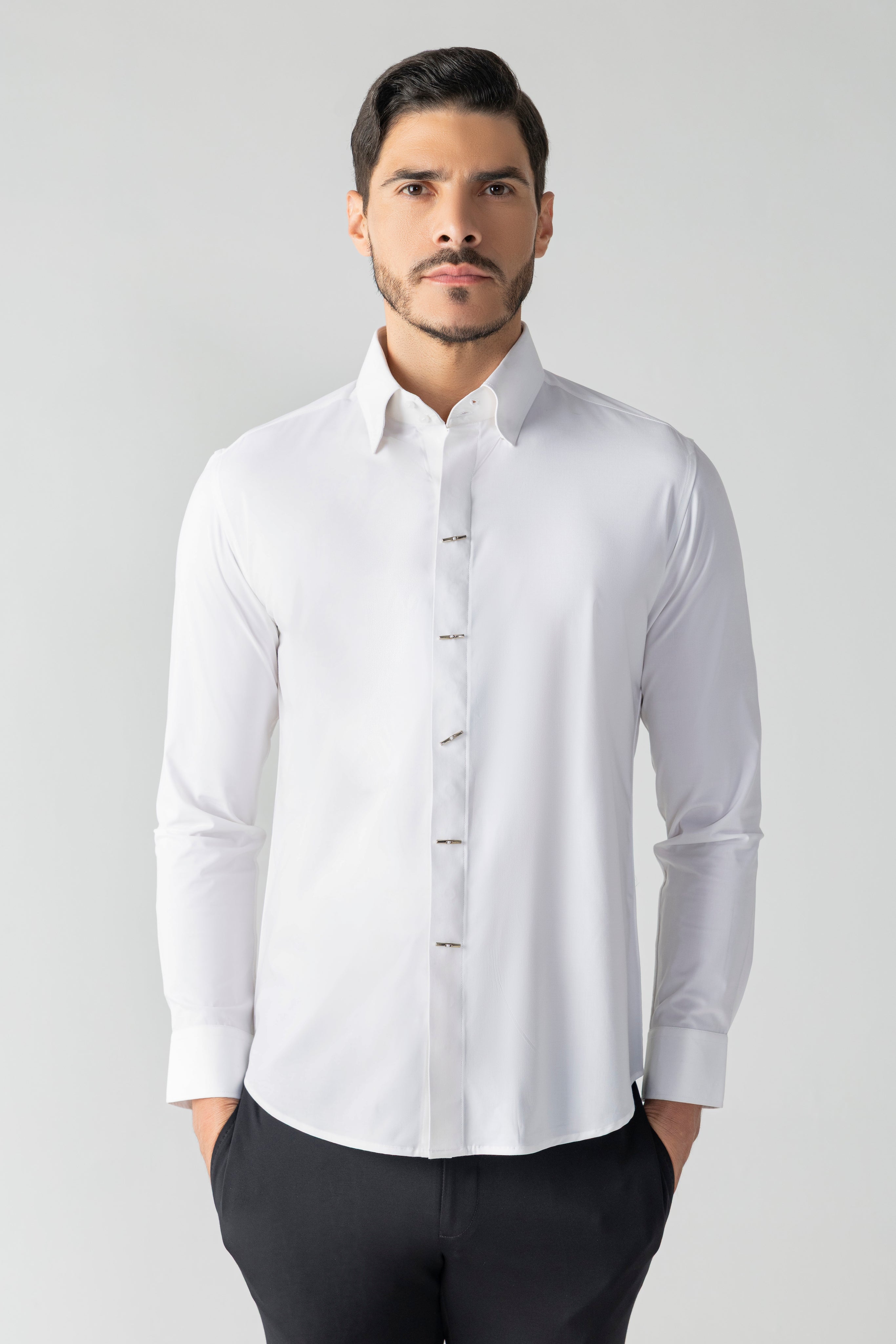 White shirt with statement metallic buttons
