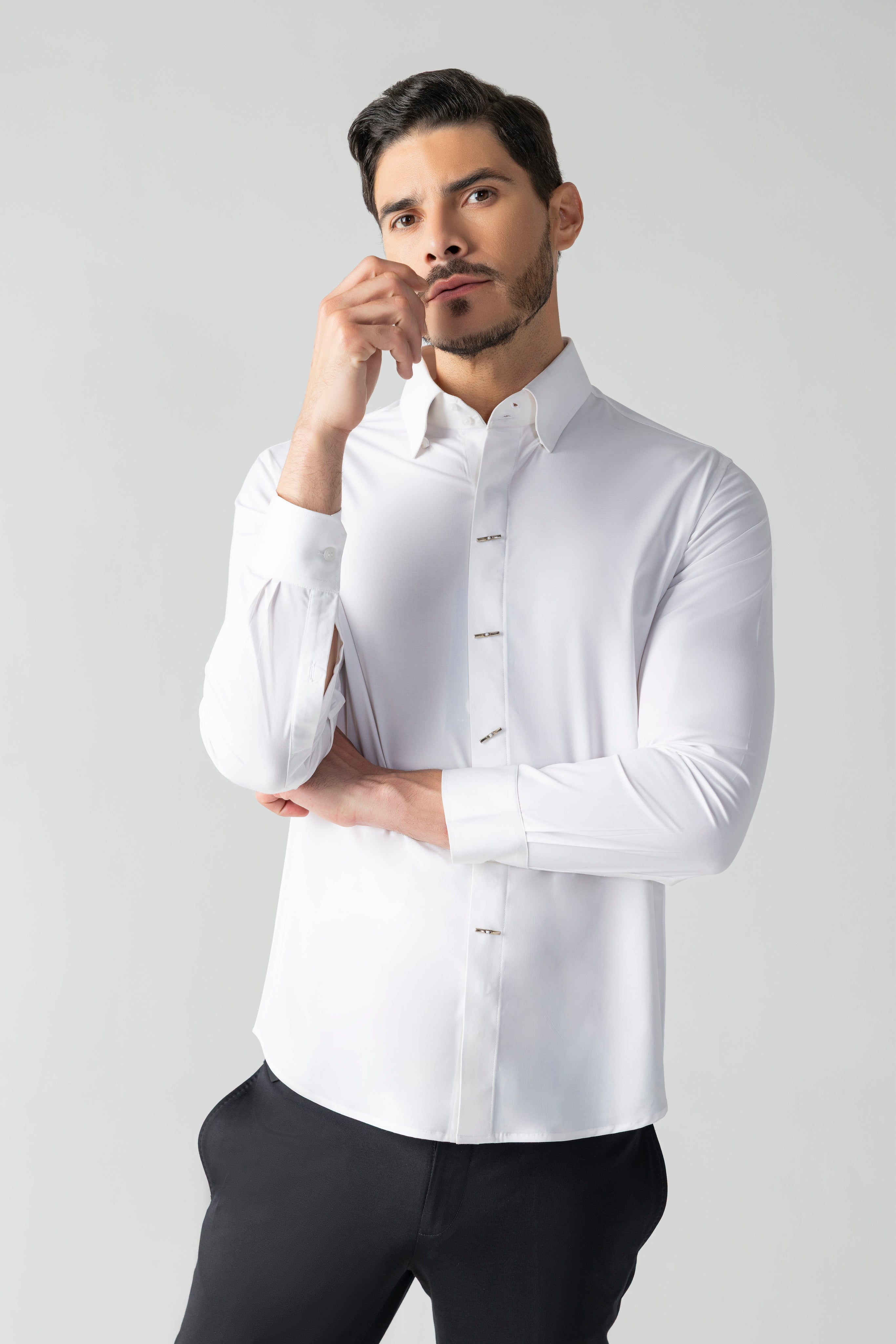 White shirt with statement metallic buttons