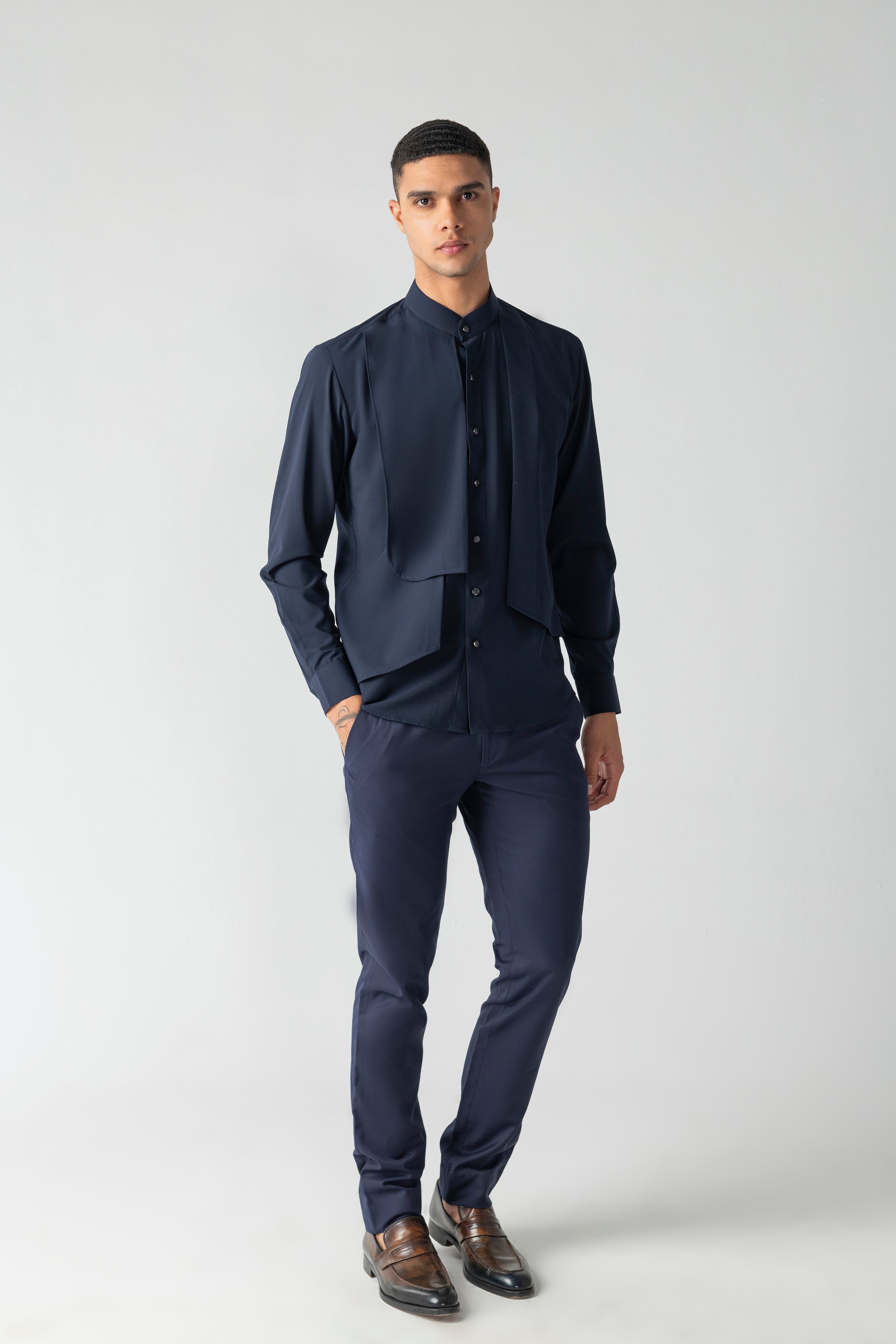 Navy blue shirt with asymmetrical cuts & drapes