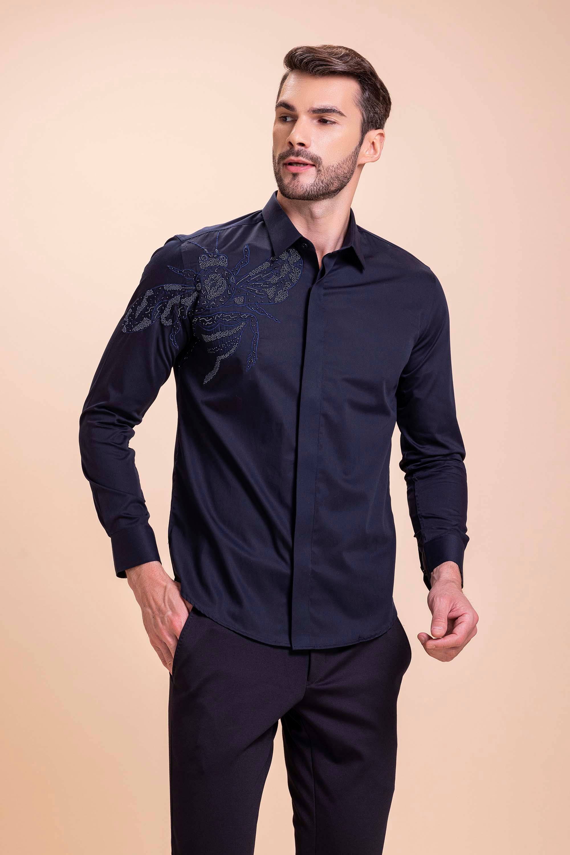 Navy Blue Embroidered Shirt