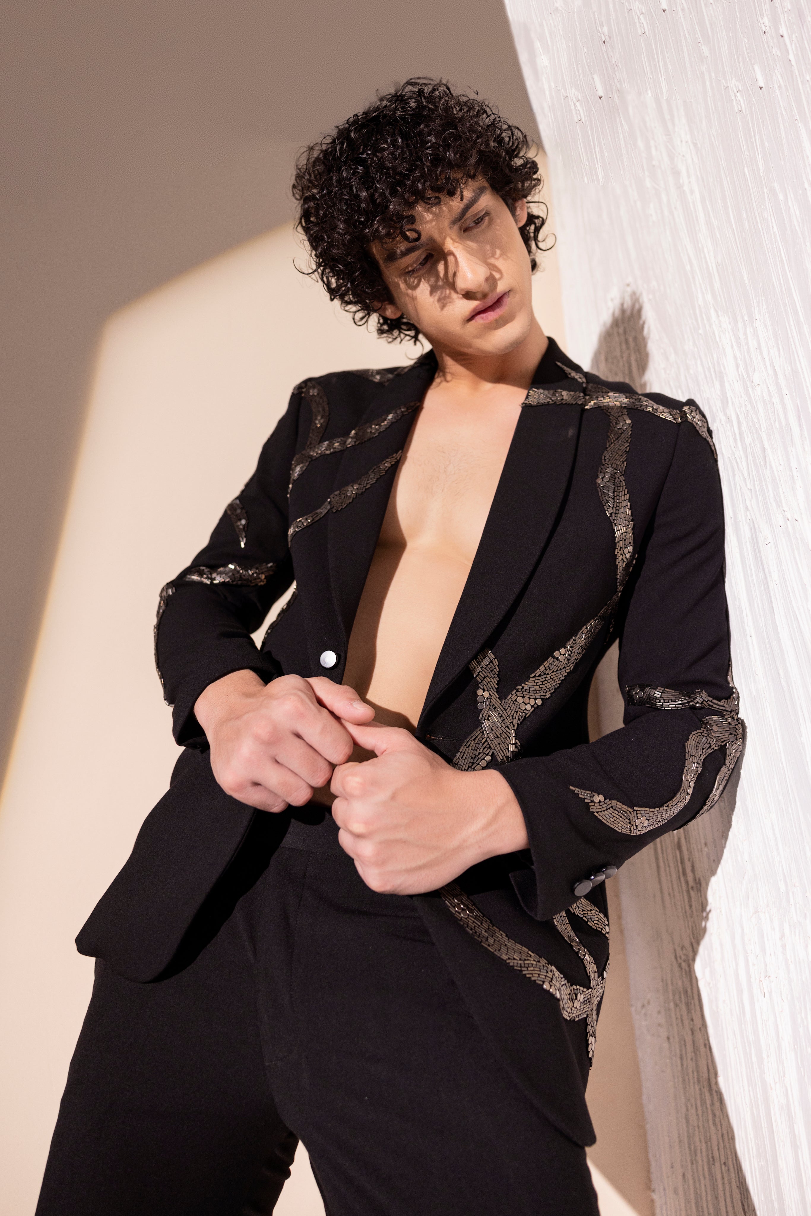 Hand embroidered metal work coat paired with matching pants