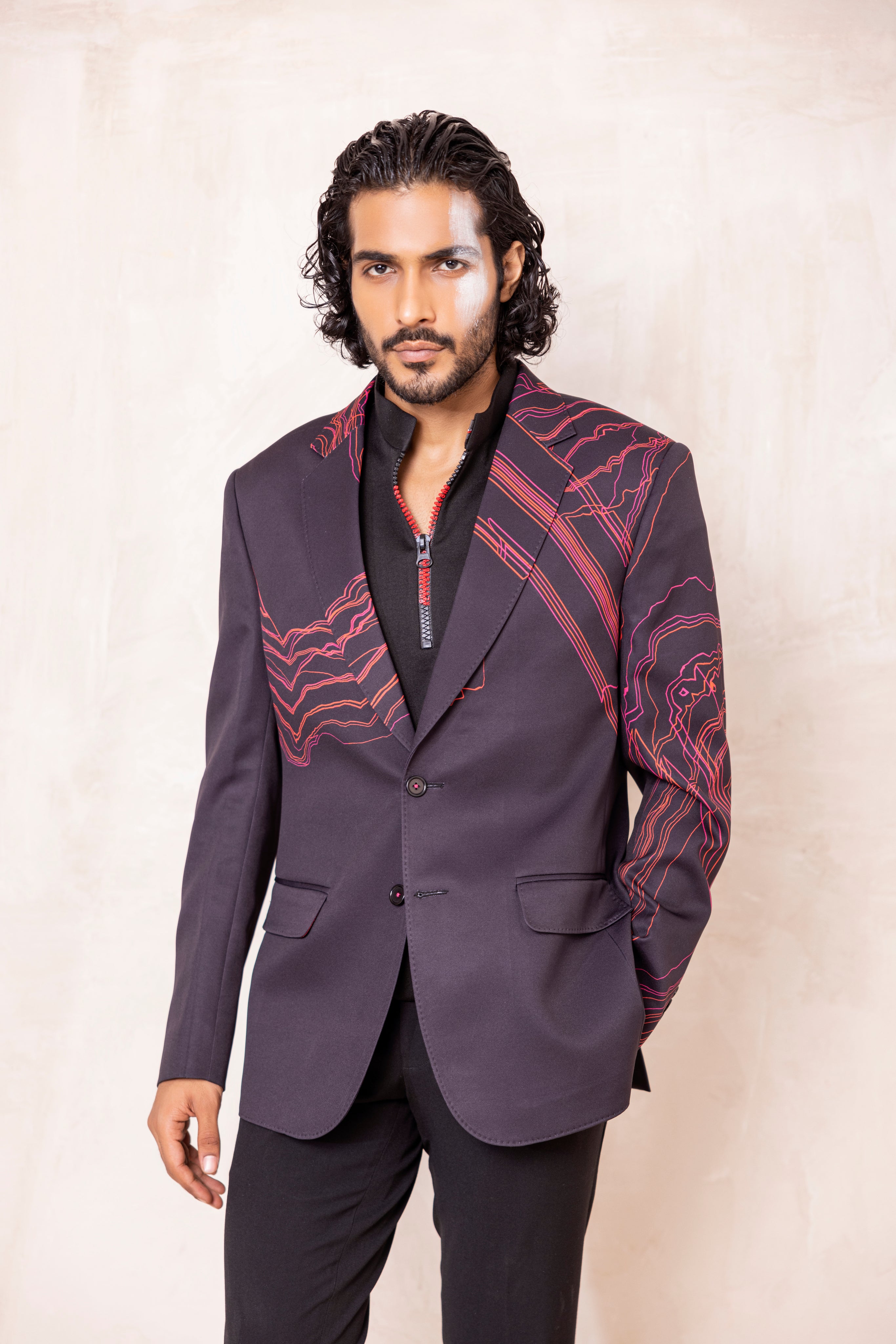 Digital print blazer with abstract design.