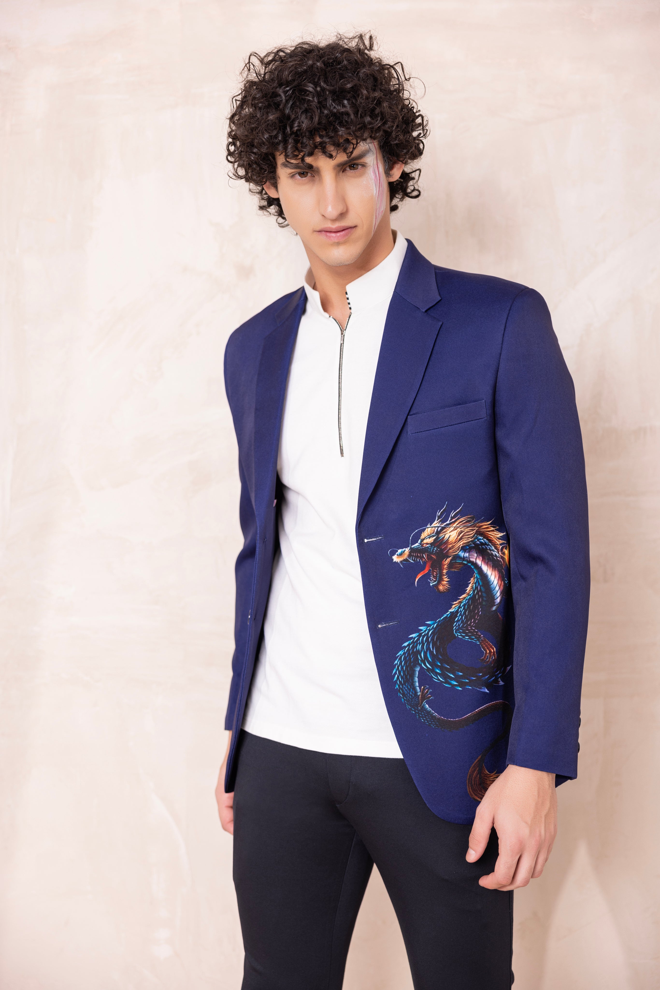 Digital print blazer with Dragon motif design.