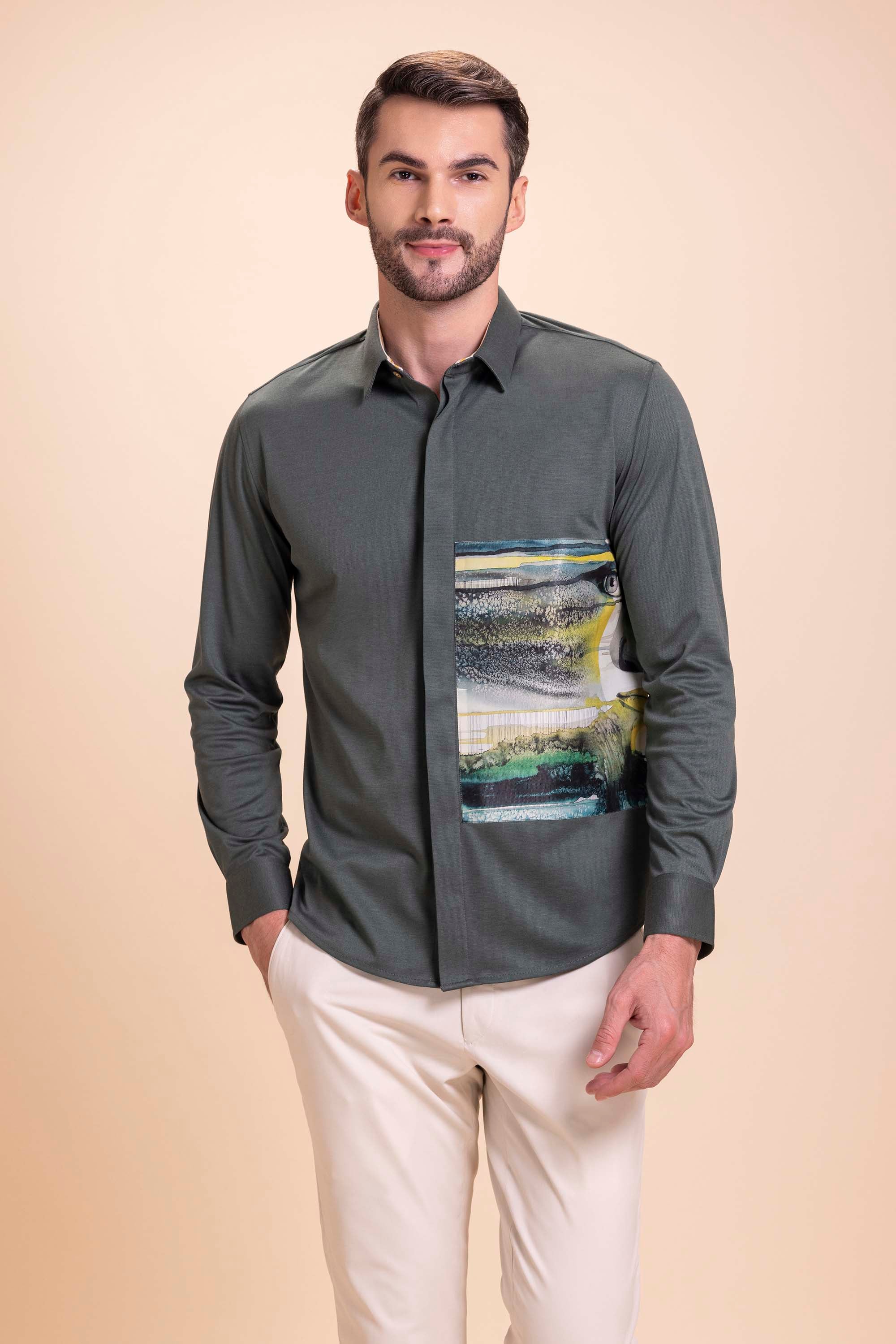 Olive Green Patch Work Shirt