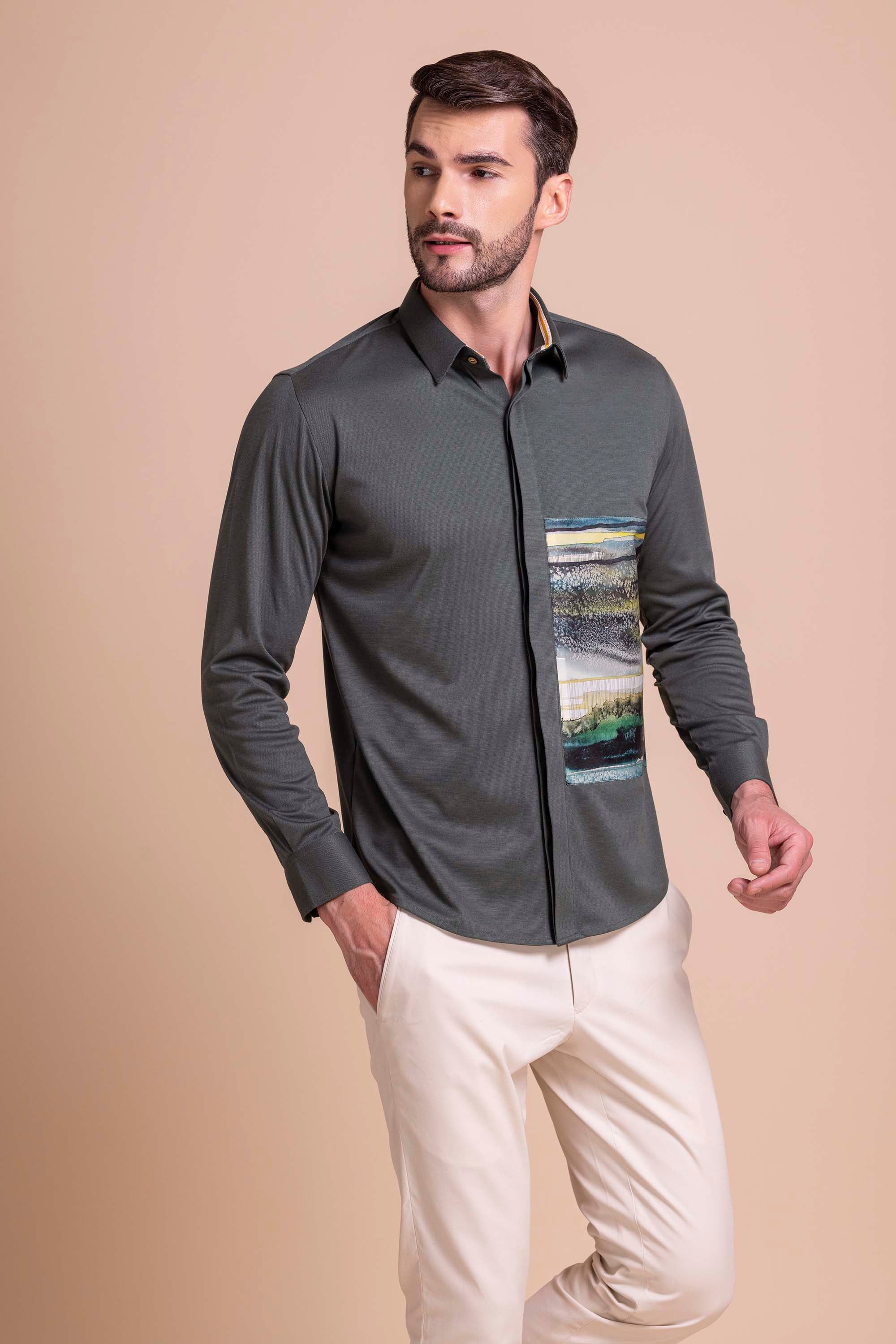 Olive Green Patch Work Shirt