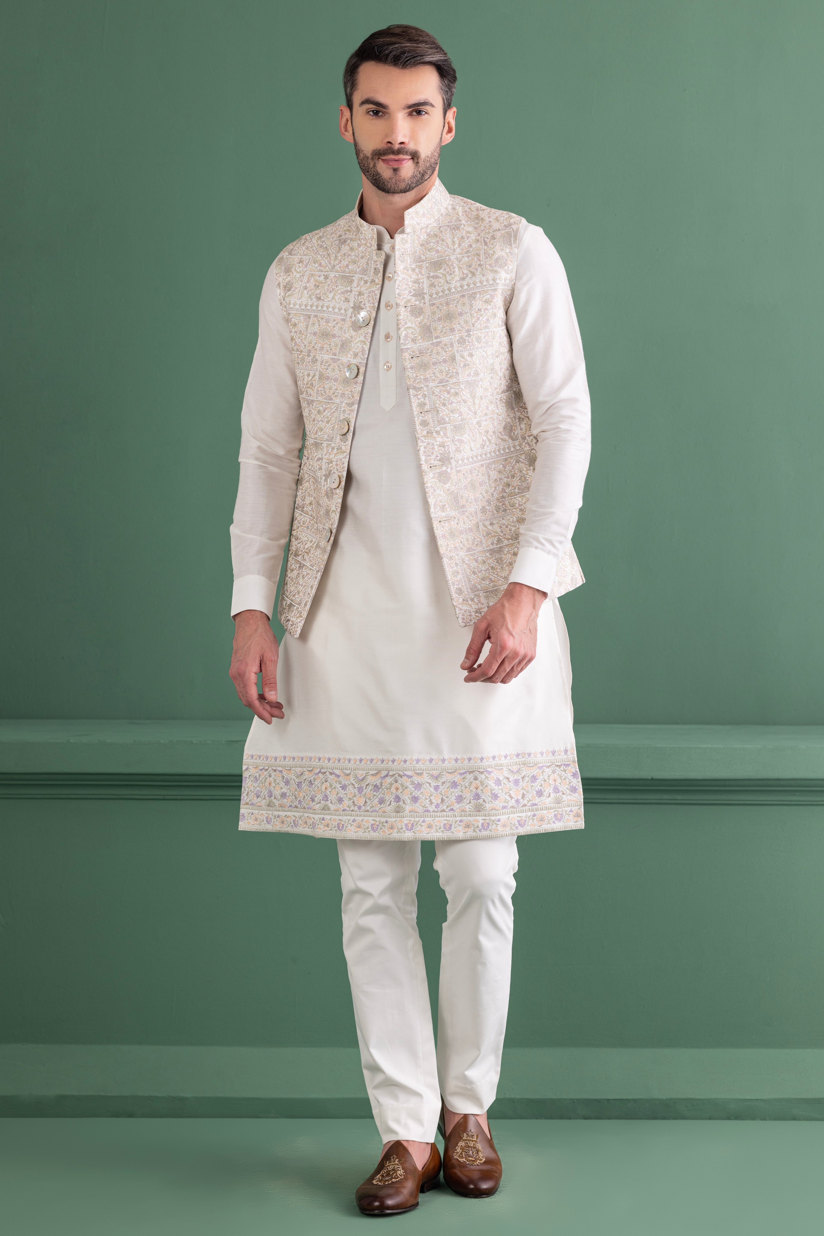Multi-coloured embroidered waistcoat & kurta set paired with matching aligadhi