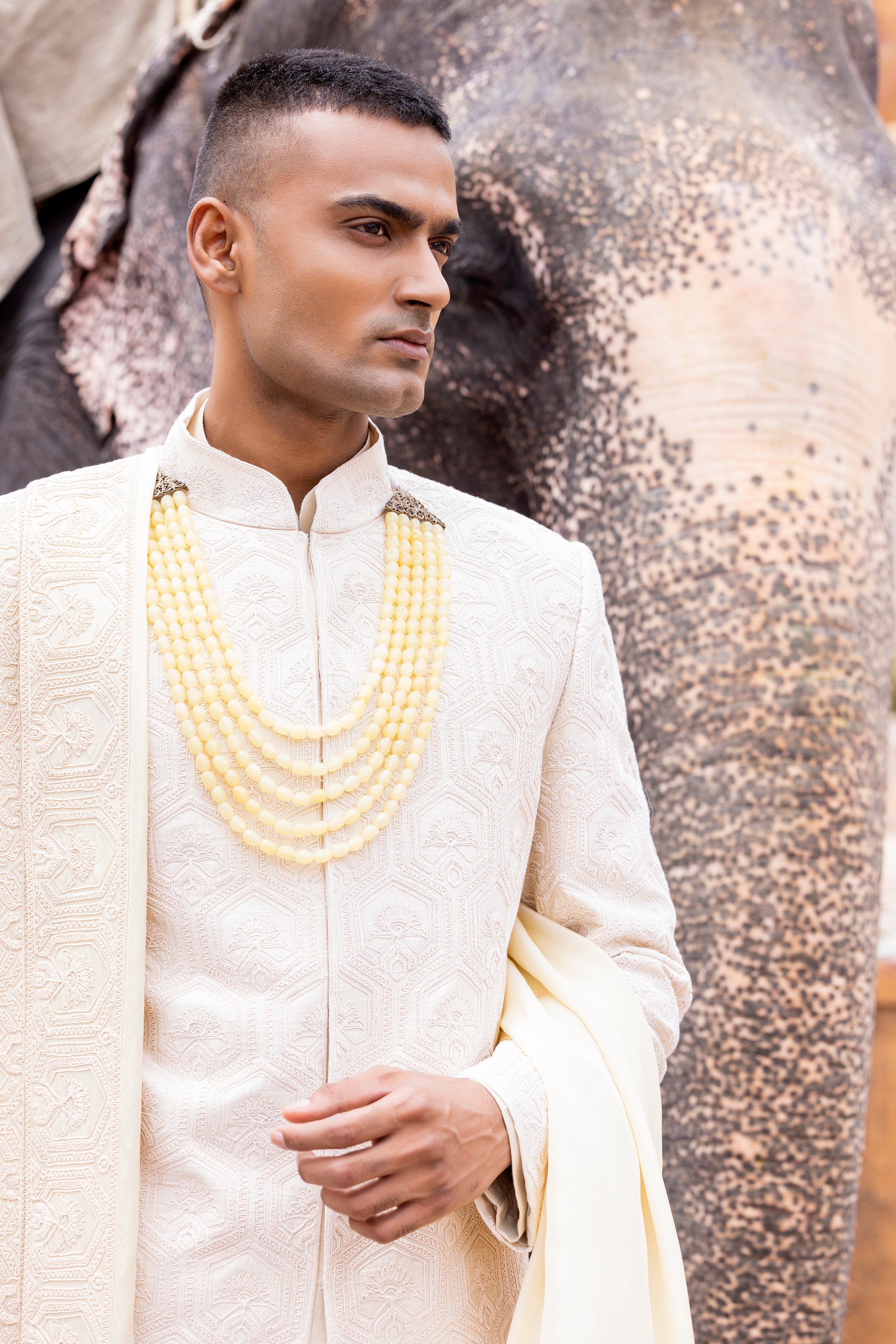 Hand embroidered sherwani paired with matching kurta, pyjama & stole.