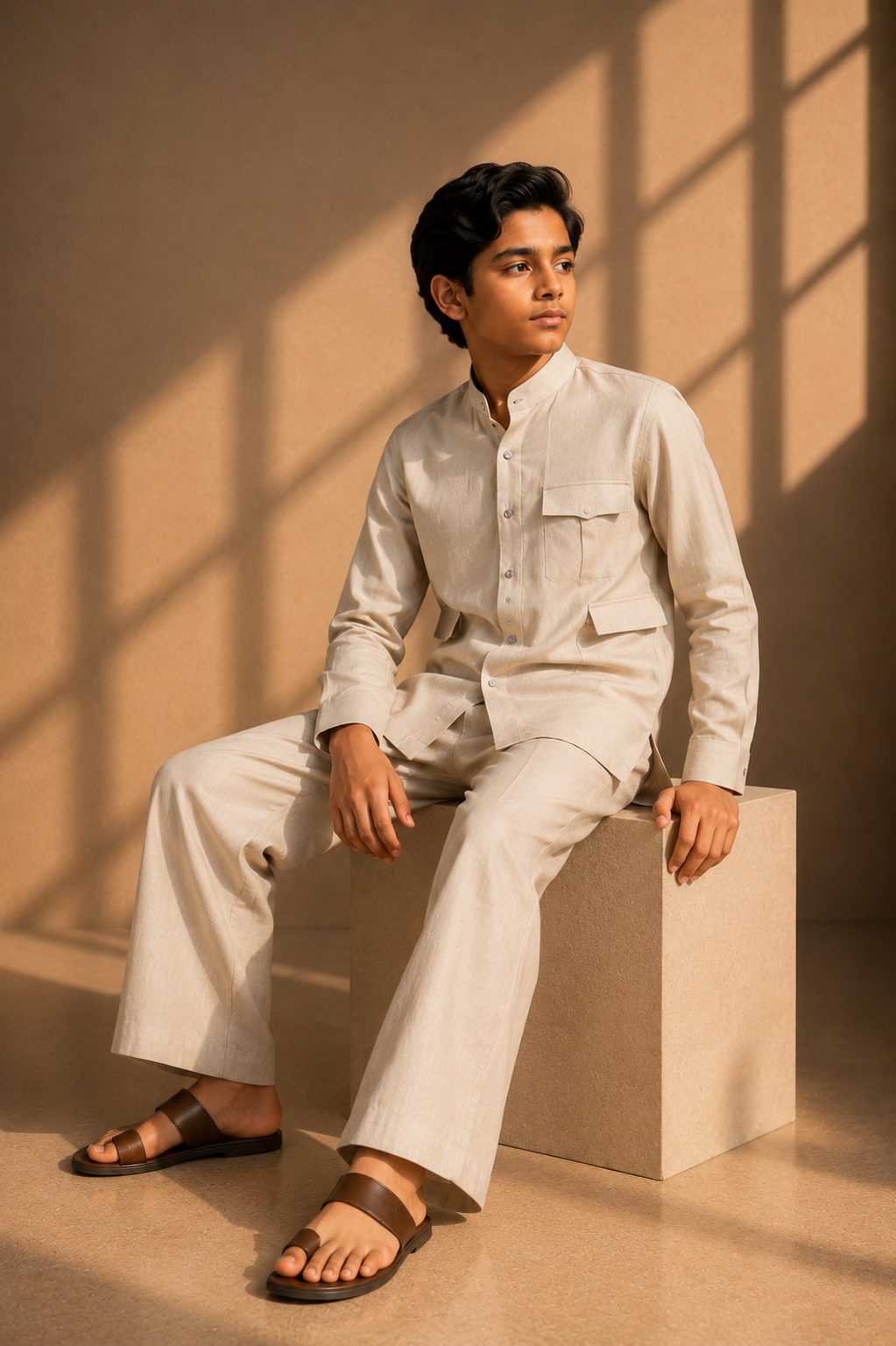 Beige linen short kurta with patch pocket detailing, paired with a matching plazzo