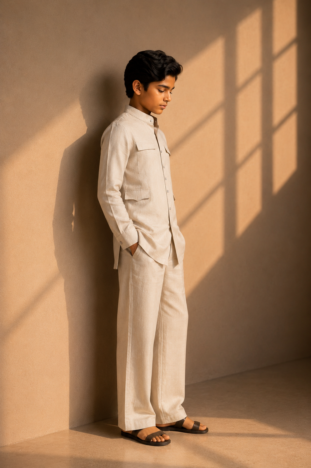 Beige linen short kurta with patch pocket detailing, paired with a matching plazzo