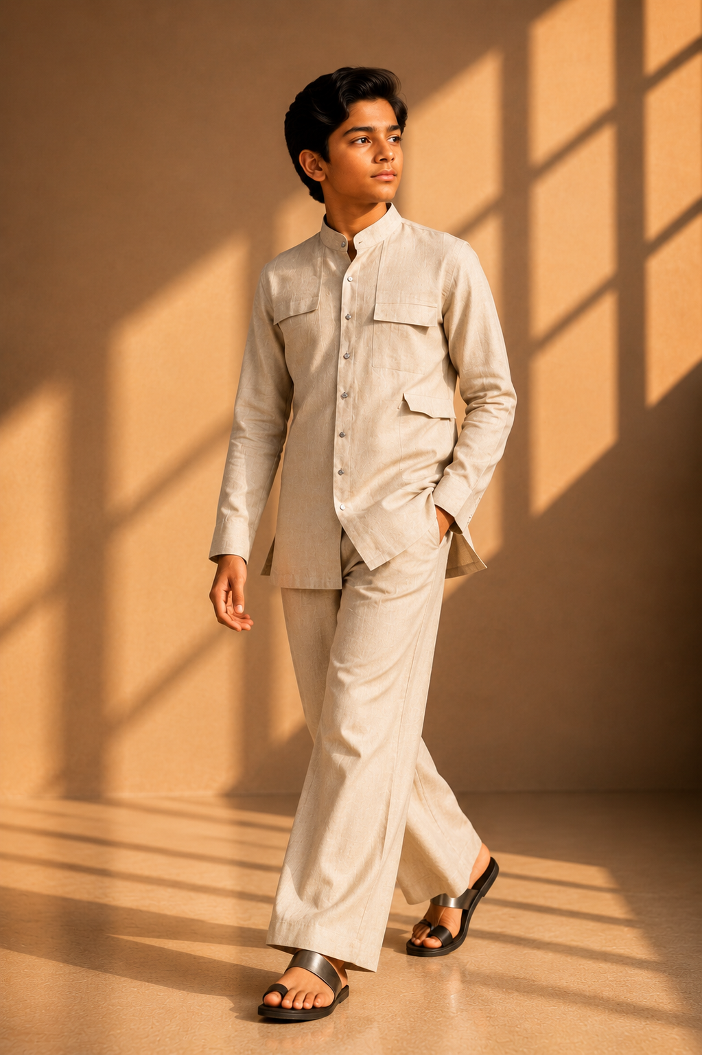 Beige linen short kurta with patch pocket detailing, paired with a matching plazzo