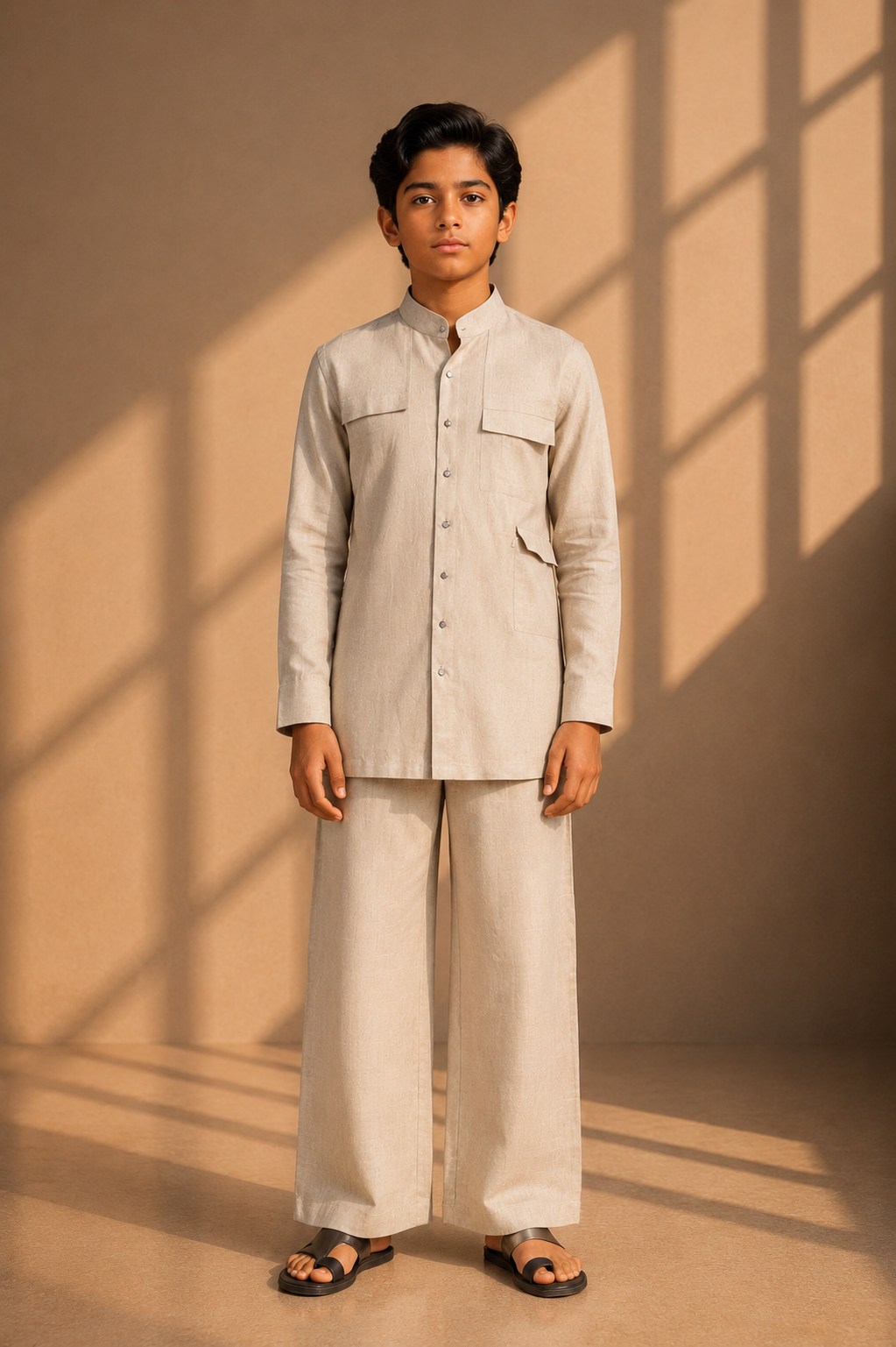 Beige linen short kurta with patch pocket detailing, paired with a matching plazzo