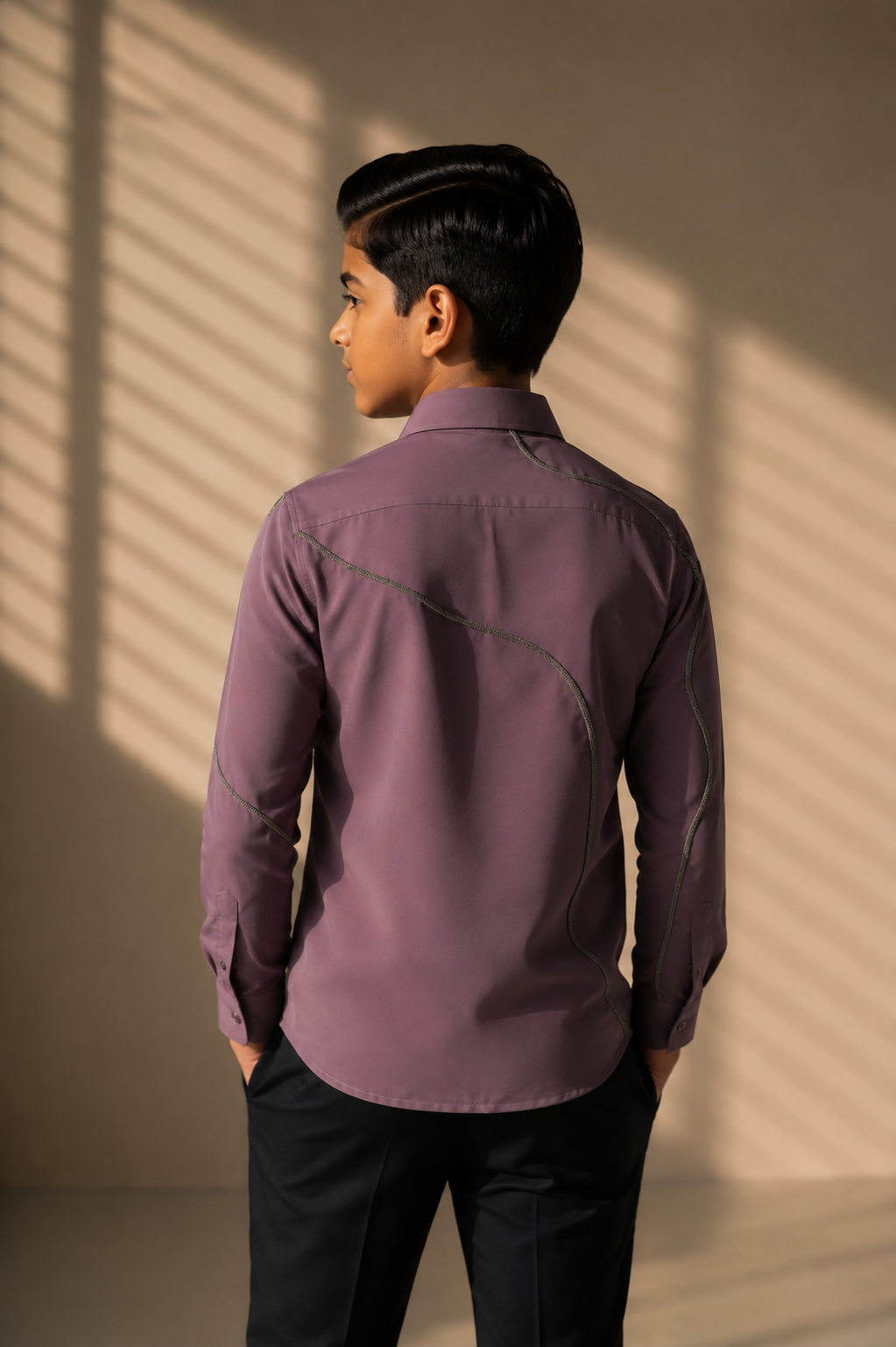 Mauve shirt with all-over abstract metallic hand-embroidery