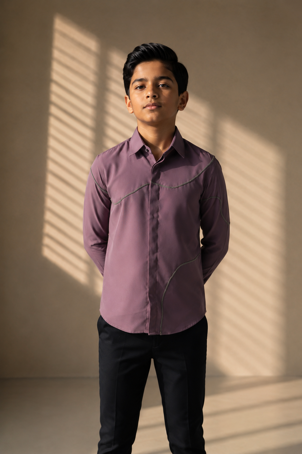 Mauve shirt with all-over abstract metallic hand-embroidery