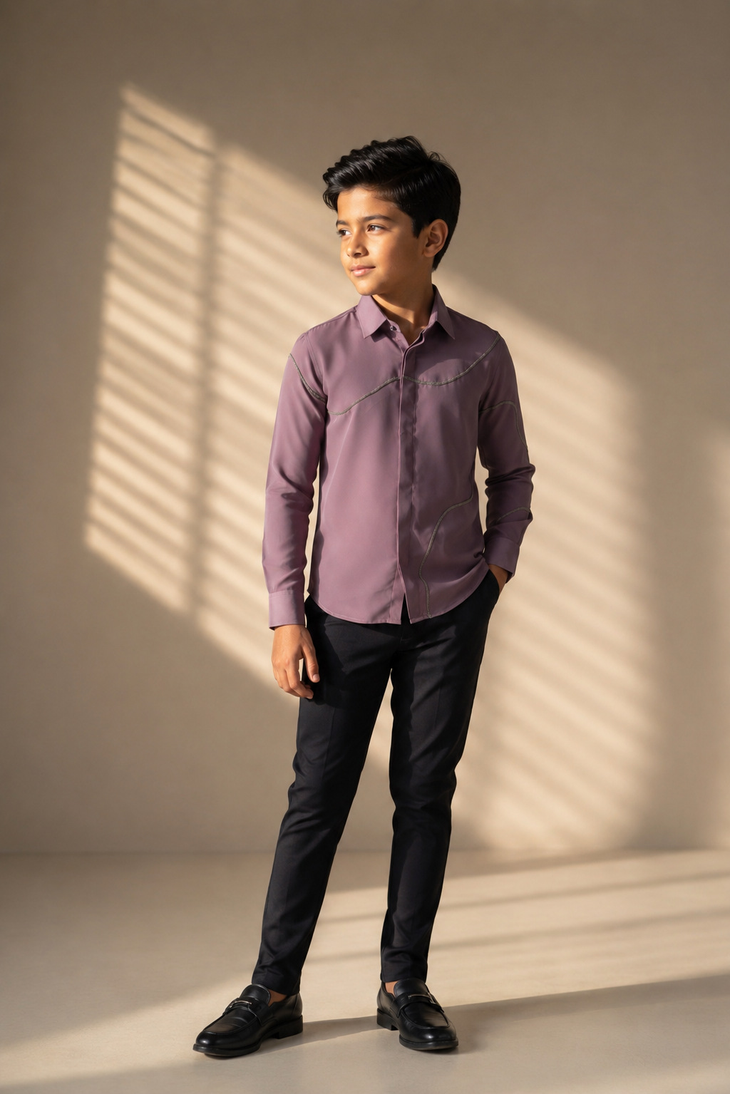 Mauve shirt with all-over abstract metallic hand-embroidery